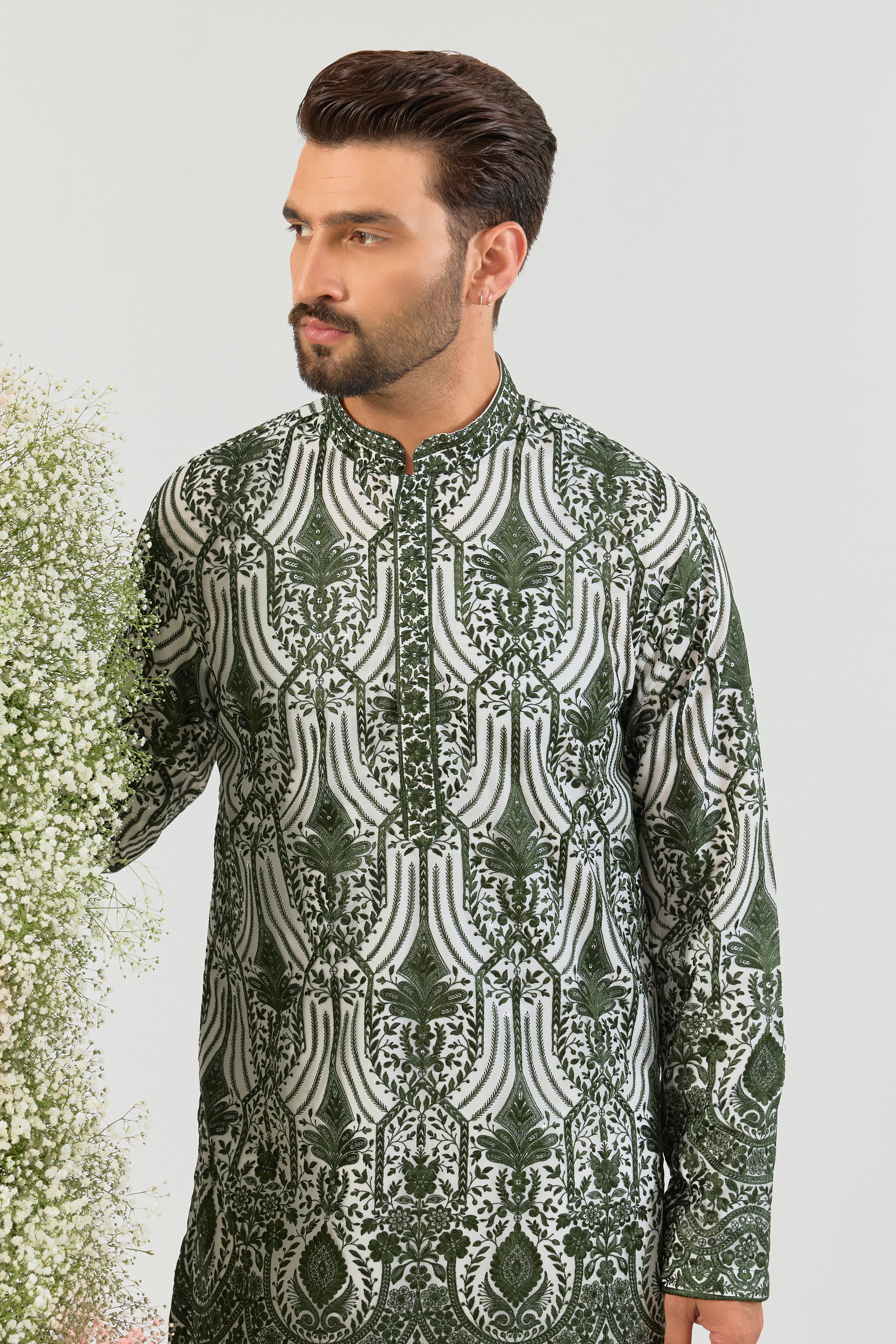 bottle green chikankati kurta on organza with intricate sequin work