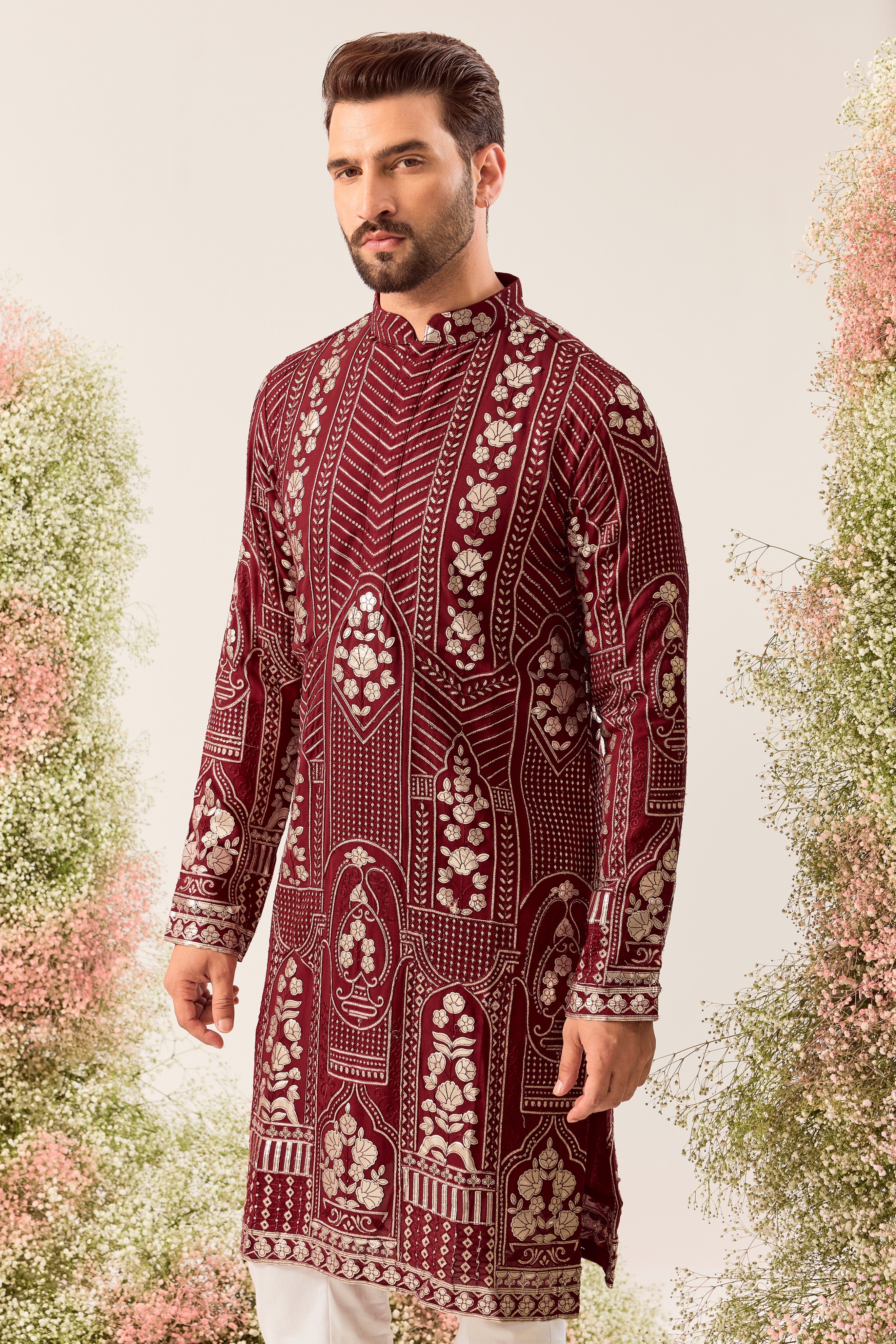 maroon leather patchwork kurta with deatiled sequin work