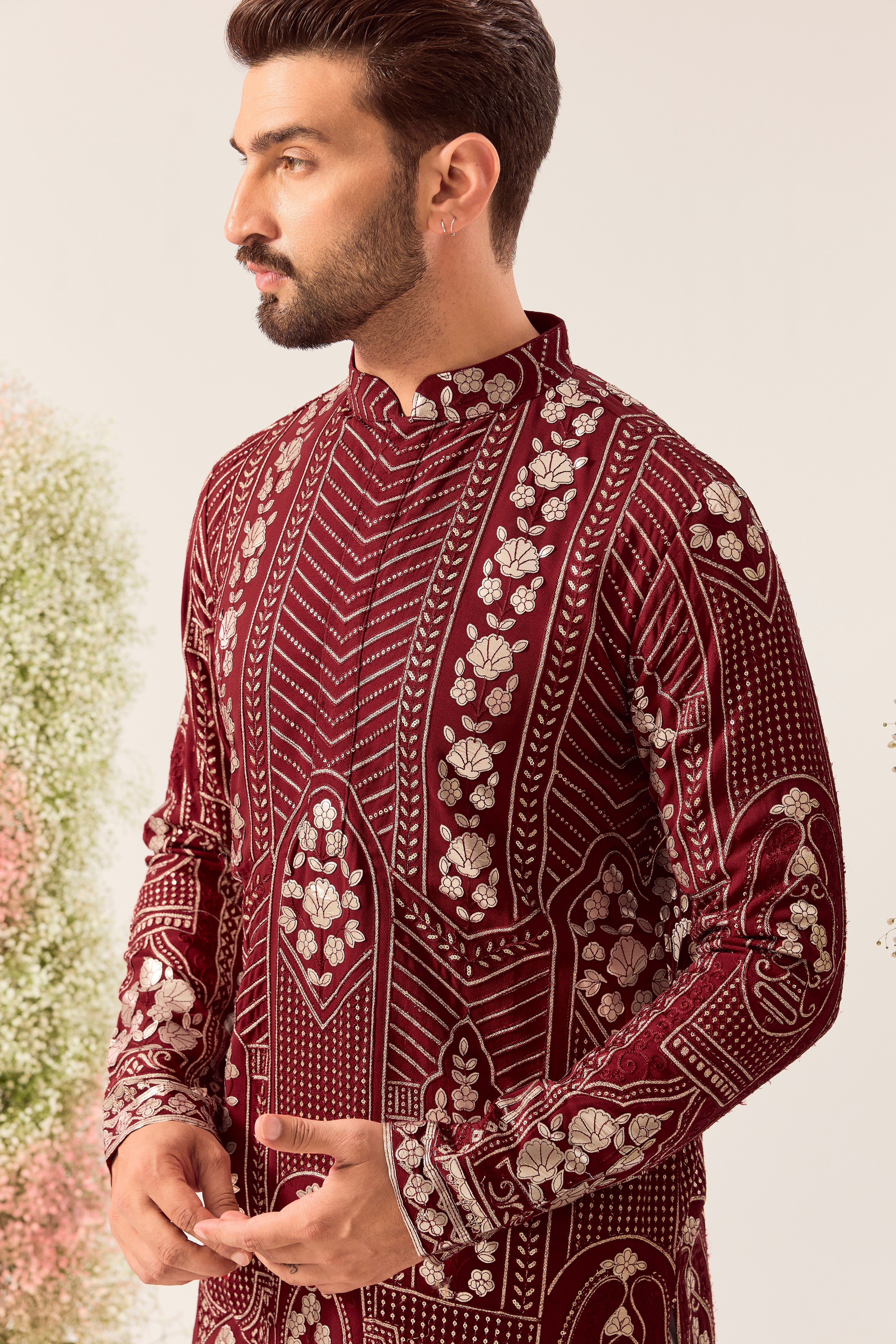 maroon leather patchwork kurta with deatiled sequin work