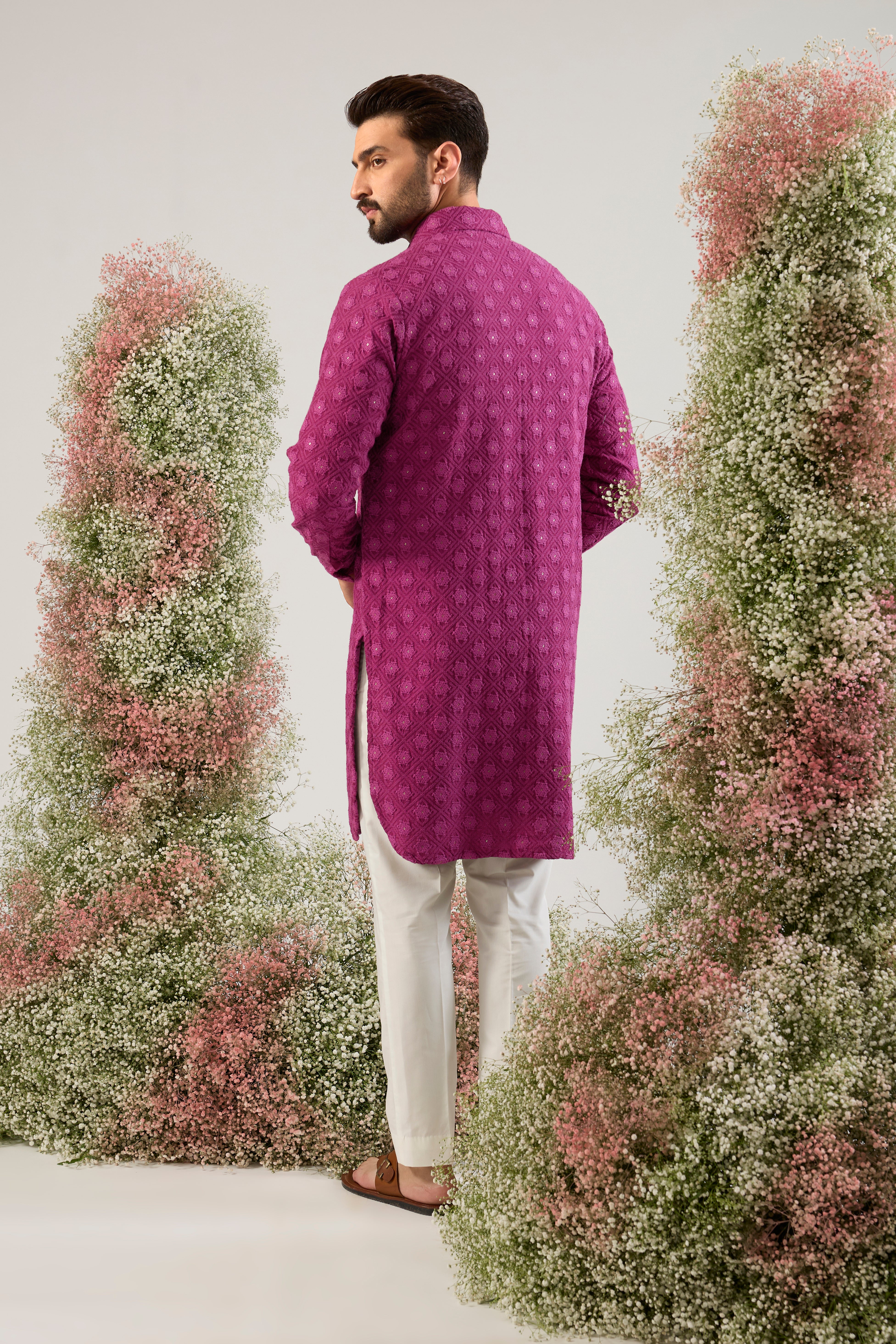 magenta short pathani kurta with intricate thread and selicate sequin work