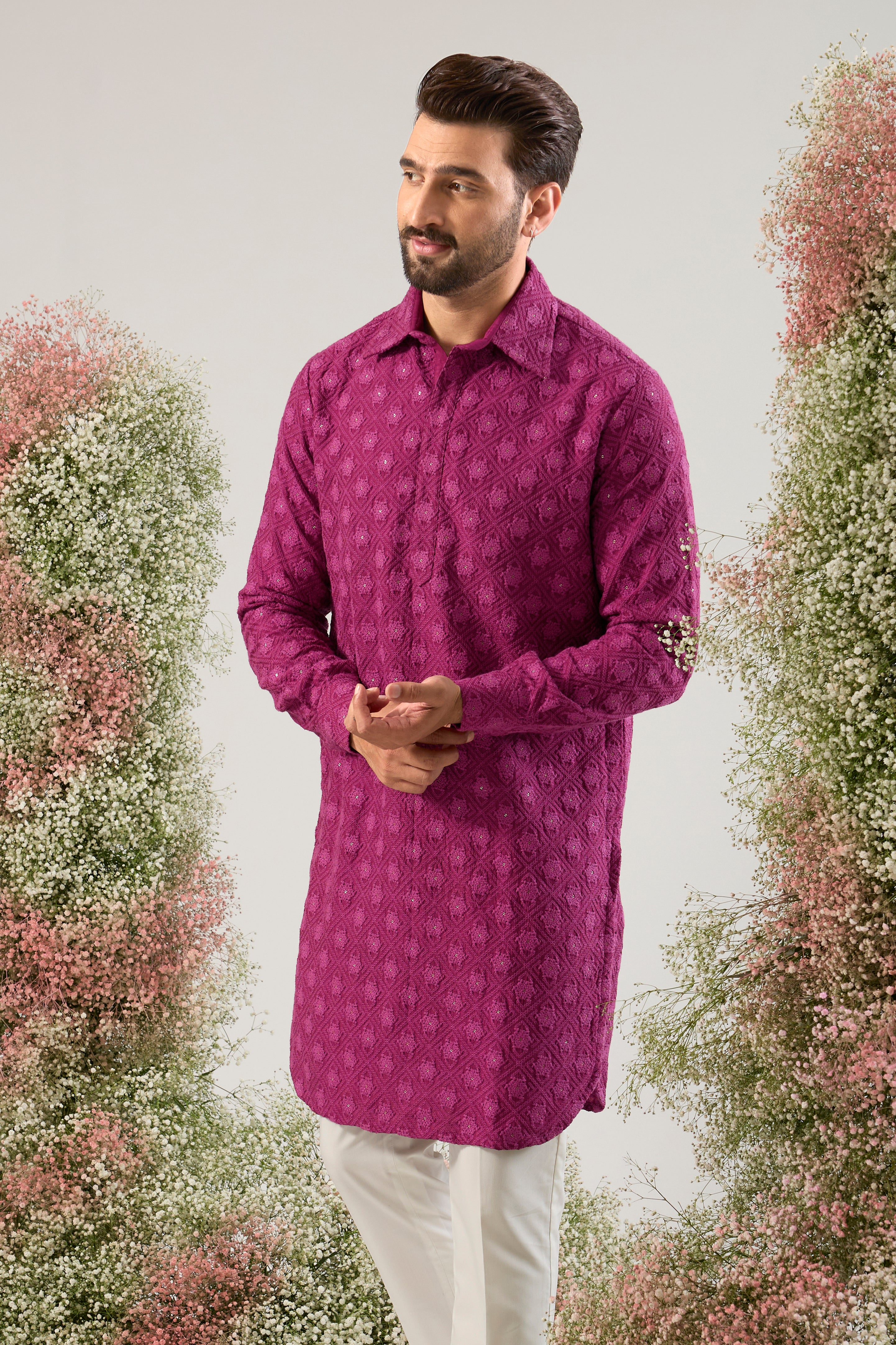 magenta short pathani kurta with intricate thread and selicate sequin work