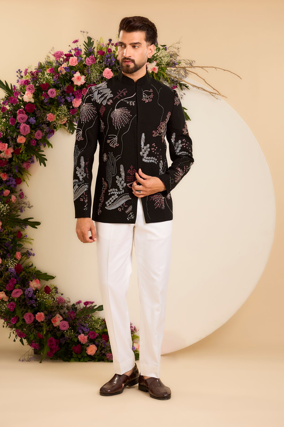 A Refined Black Bandhgala with Delicate Floral Embroidery