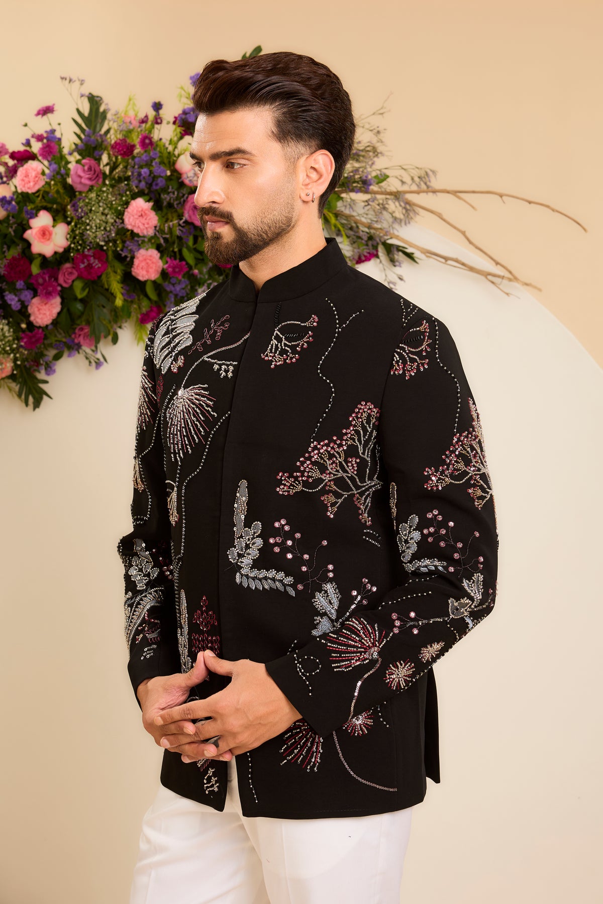 A Refined Black Bandhgala with Delicate Floral Embroidery