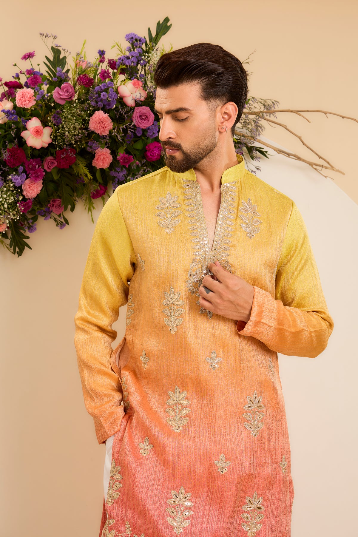 A Sunlit Ombre Kurta with Intricate Floral Leatherwork
