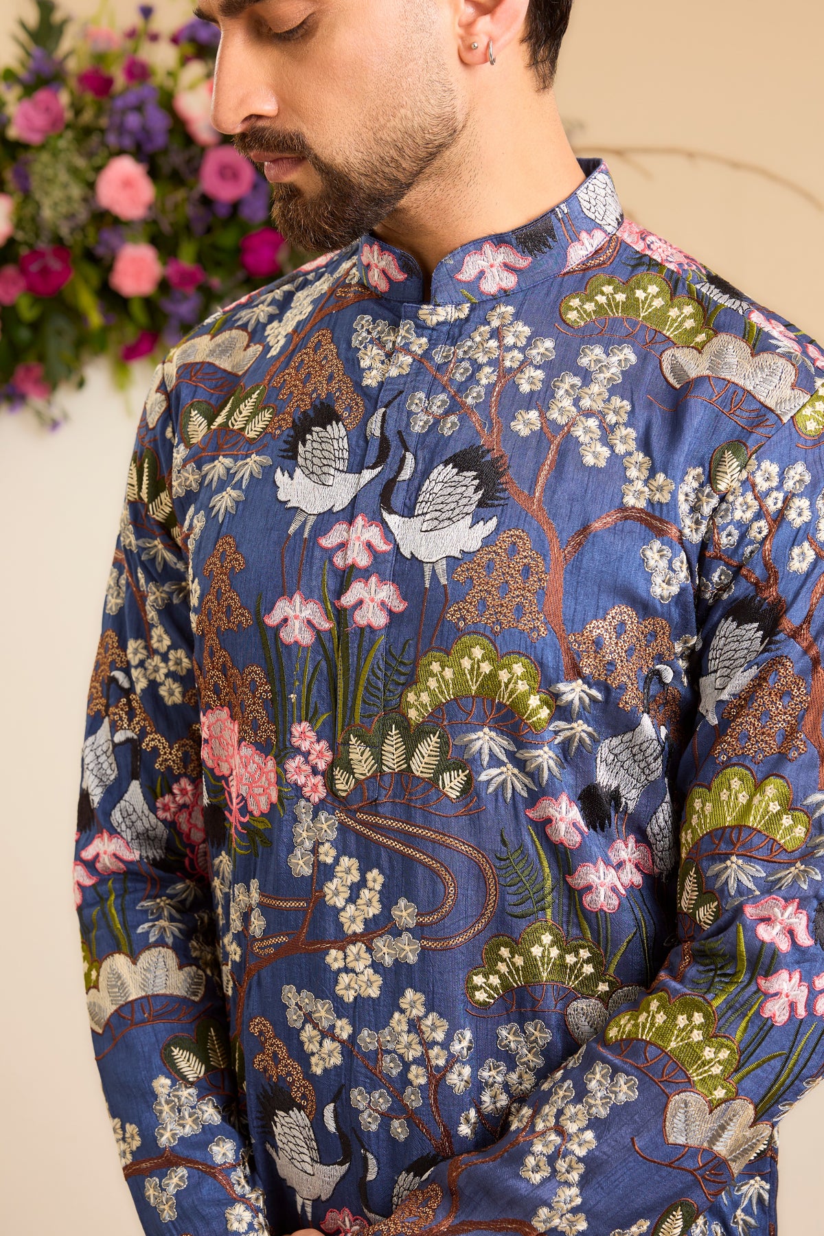 A Tropical blue Silk Kurta Alive with Flora and Fauna