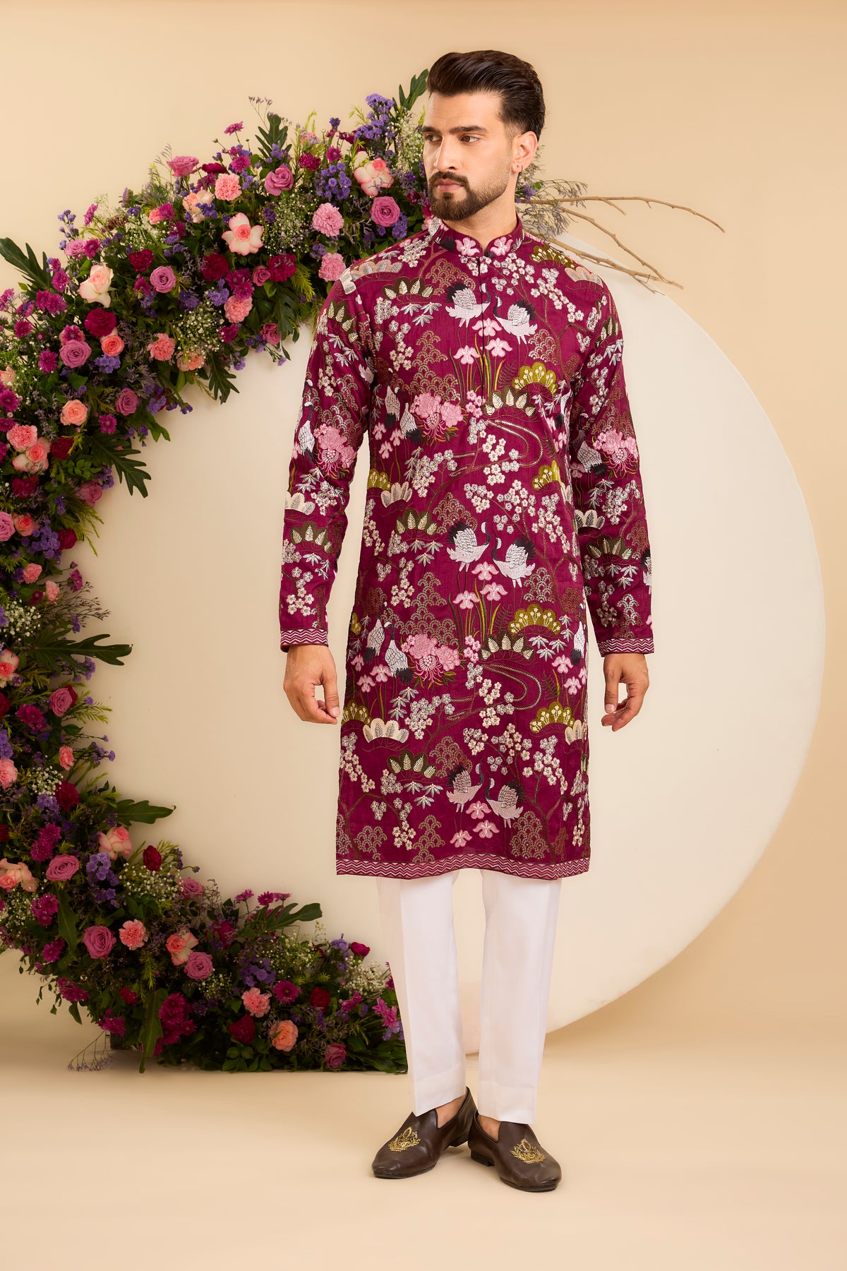 A Tropical maroon Silk Kurta Alive with Flora and Fauna