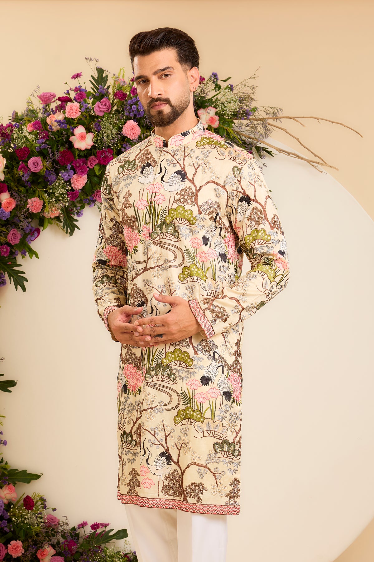 A Tropical cream Silk Kurta Alive with Flora and Fauna