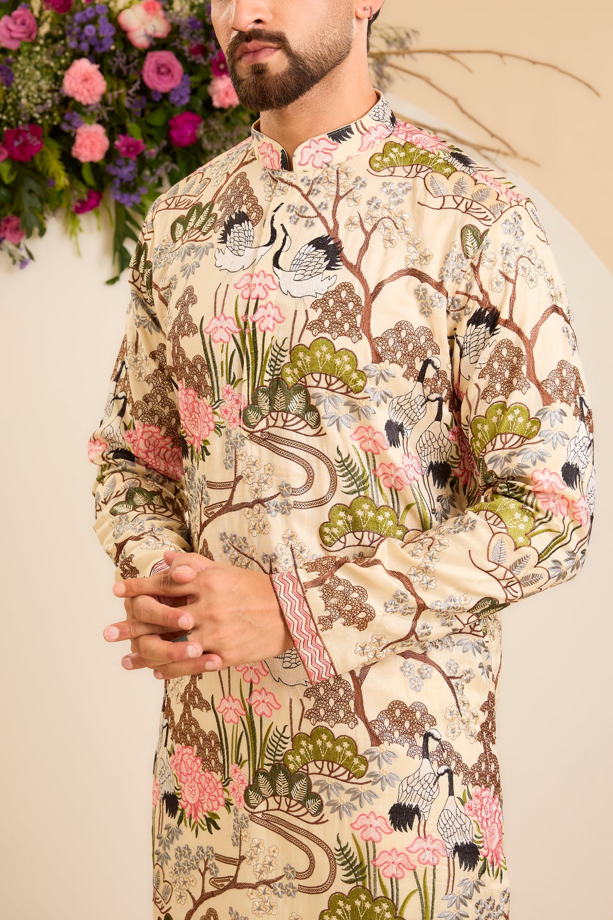 A Tropical cream Silk Kurta Alive with Flora and Fauna