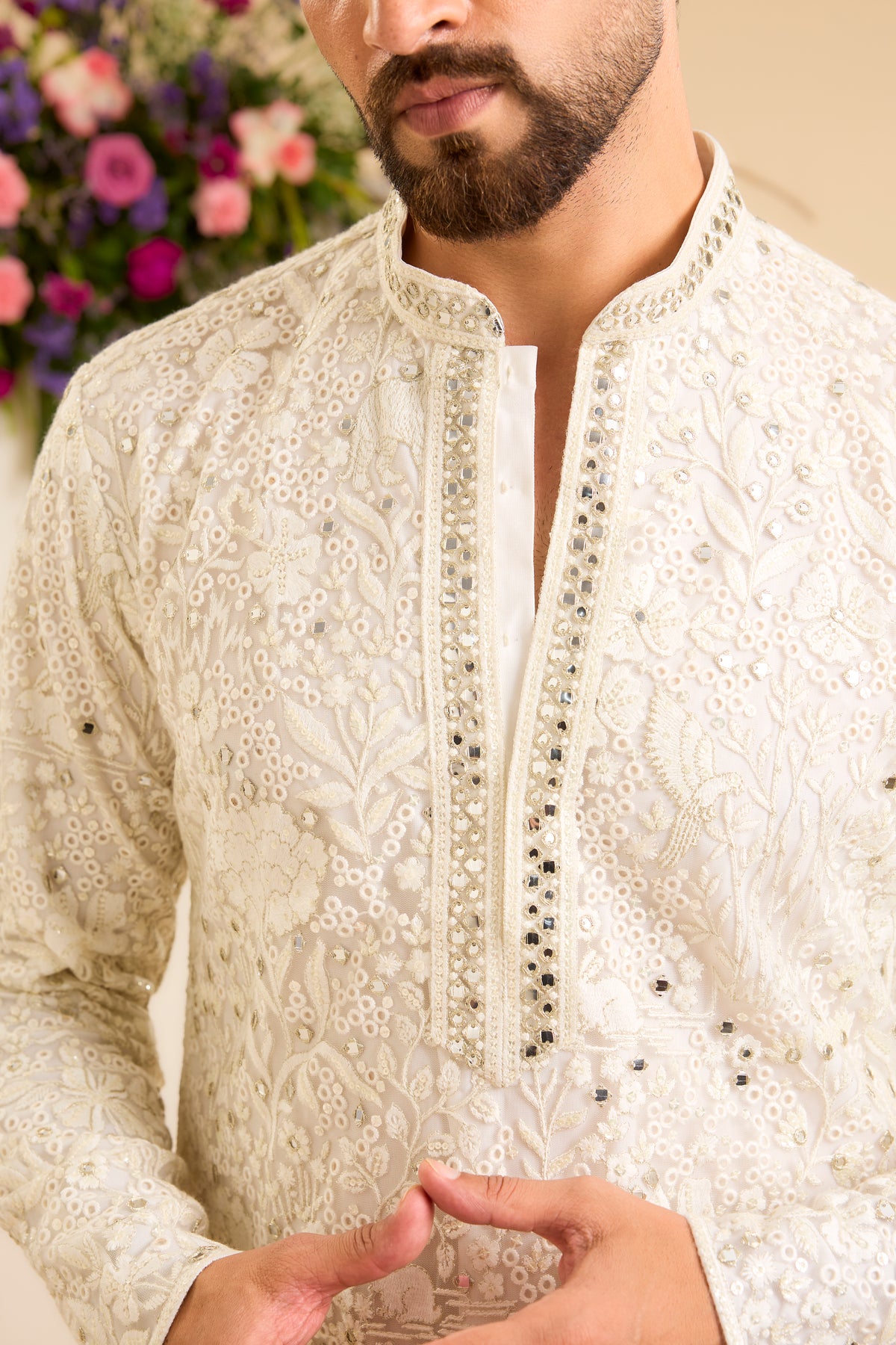 An Ivory Tropical Kurta Framed with Delicate Mirror-Like Embellishment