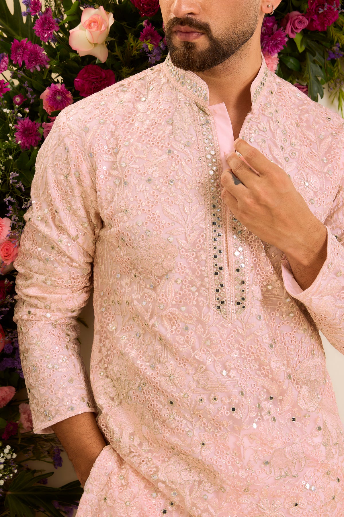 Pink Tropical Kurta Framed with Delicate Mirror-Like Embellishment