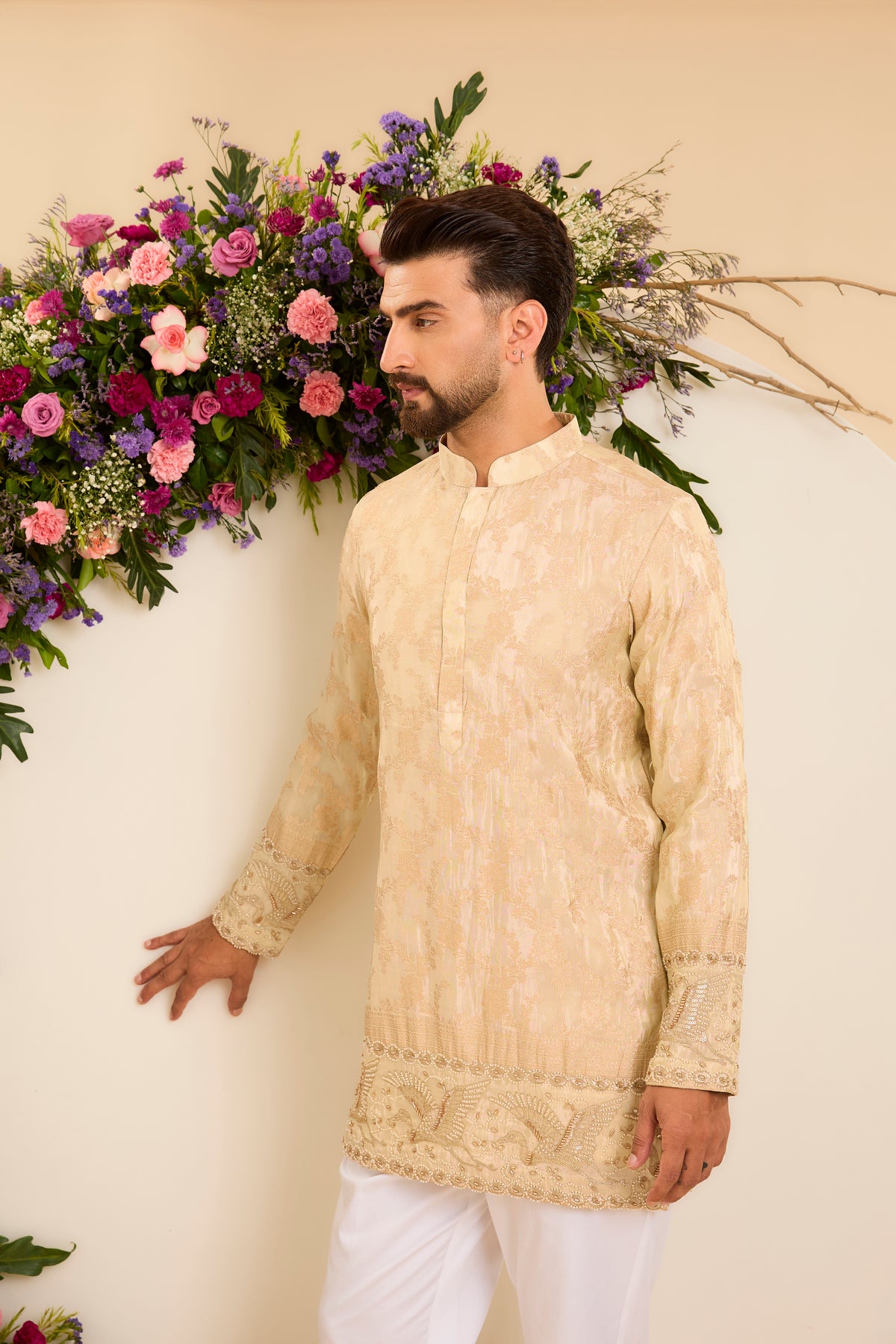 The Golden Tissue Kurta with a Flamingo-Embroidered Ghera