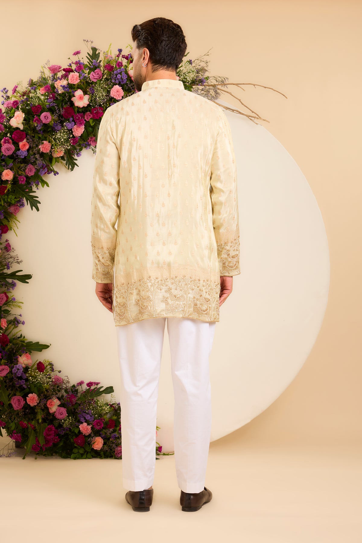 The Golden Tissue Kurta with a deer-Embroidered Ghera