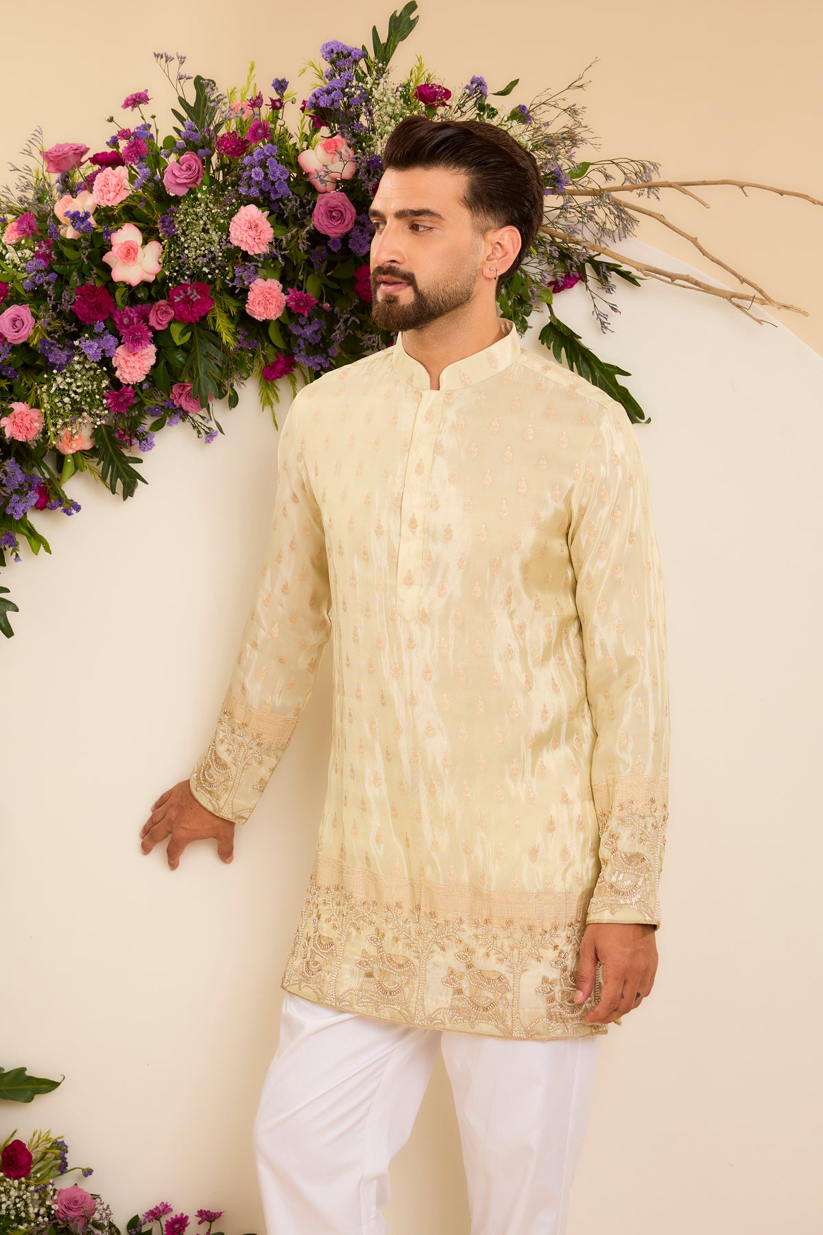 The Golden Tissue Kurta with a deer-Embroidered Ghera