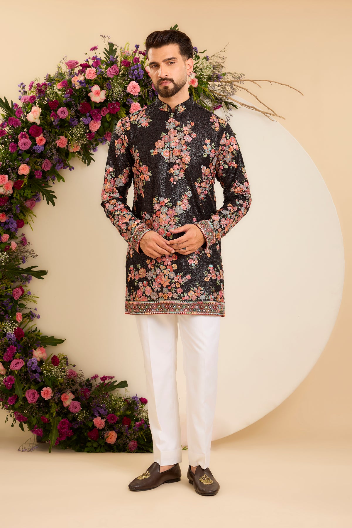 Black Sequined Kurta Enhanced with Multicoloured Floral Embroidery