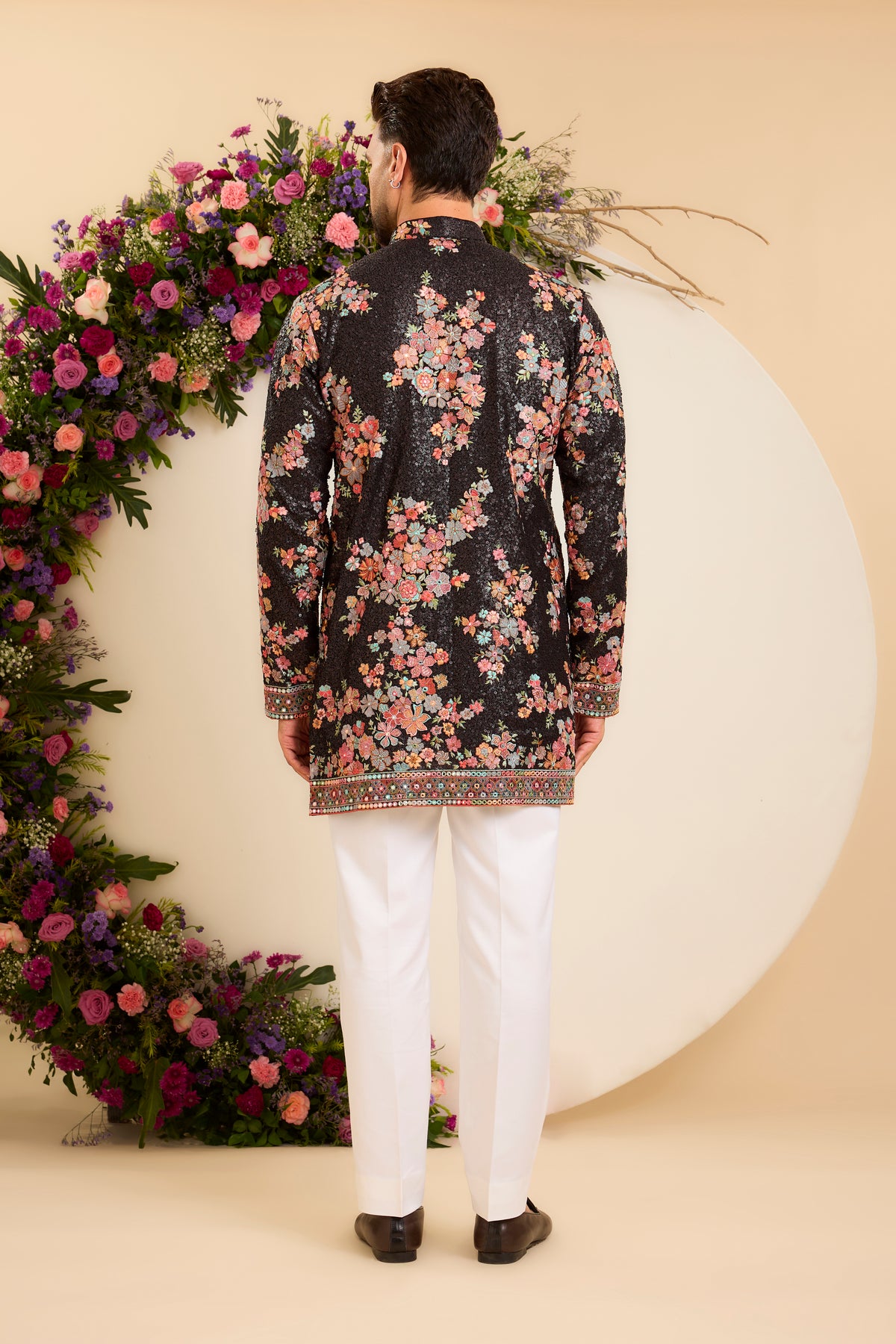 Black Sequined Kurta Enhanced with Multicoloured Floral Embroidery