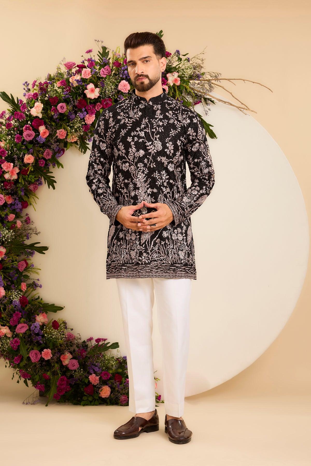 A Midnight Sequin short Kurta Embellished in Golden Threadwork and majestic flamingos