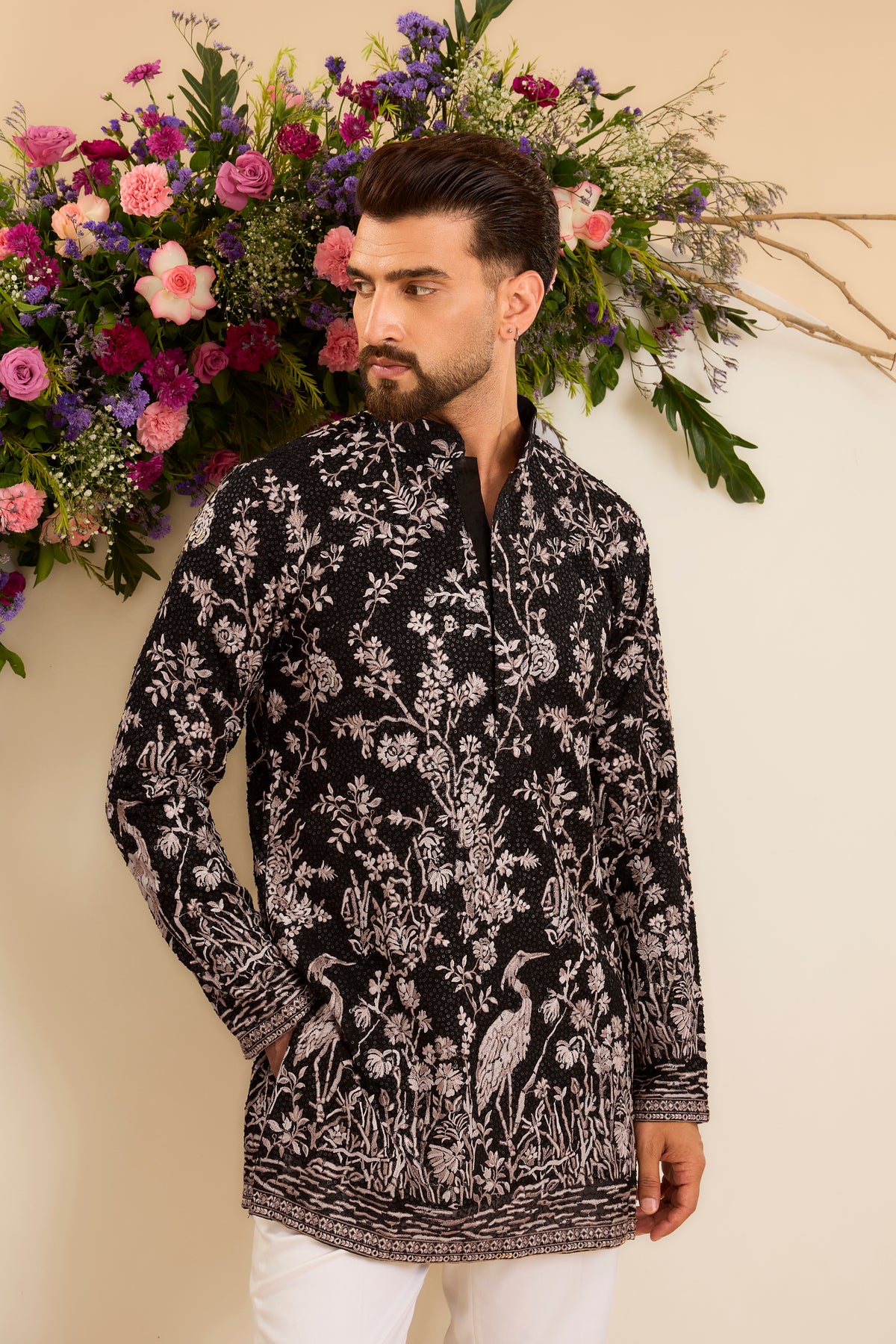 A Midnight Sequin short Kurta Embellished in Golden Threadwork and majestic flamingos