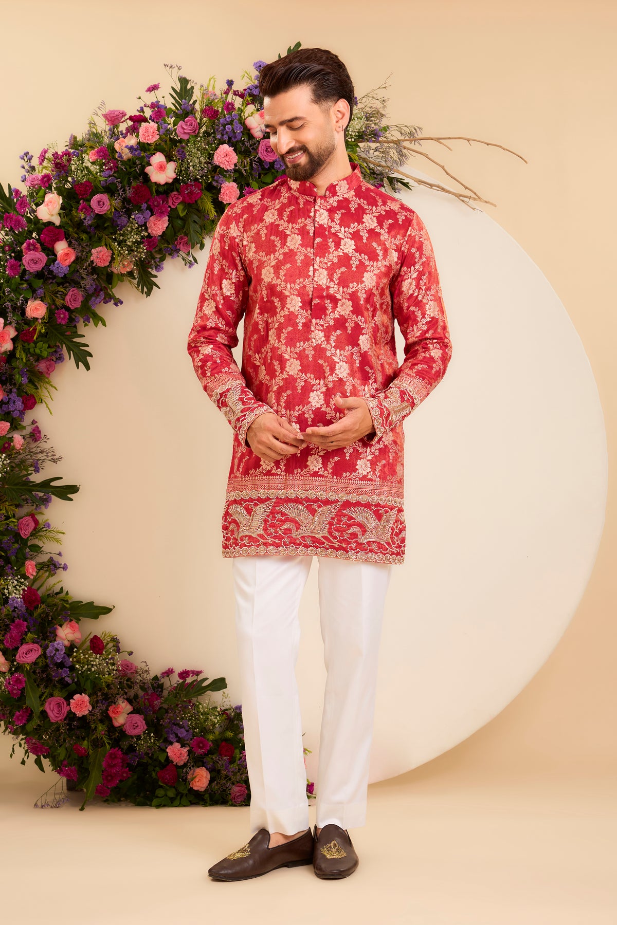 The Fiore — Red-orange Brocade Tissue Kurta with Regal Flamingos