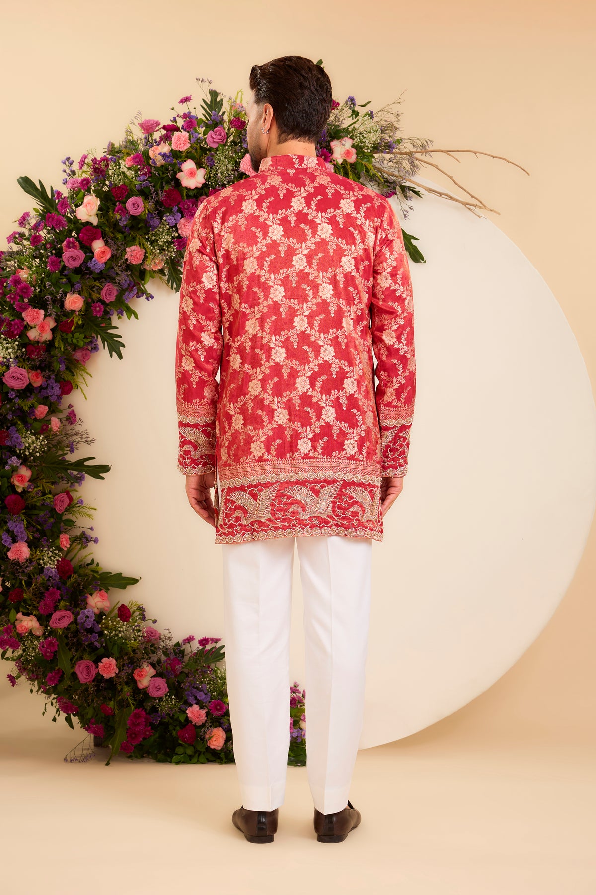 The Fiore — Red-orange Brocade Tissue Kurta with Regal Flamingos