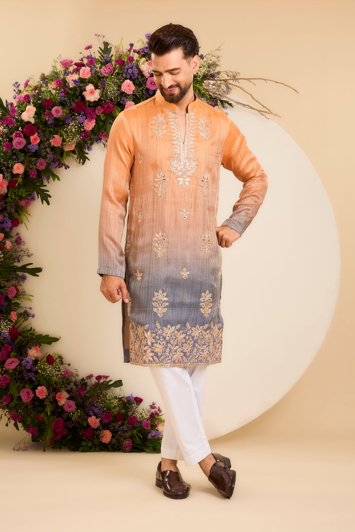 The Amara — A Textured Ombre Kurta with Floral Leatherwork