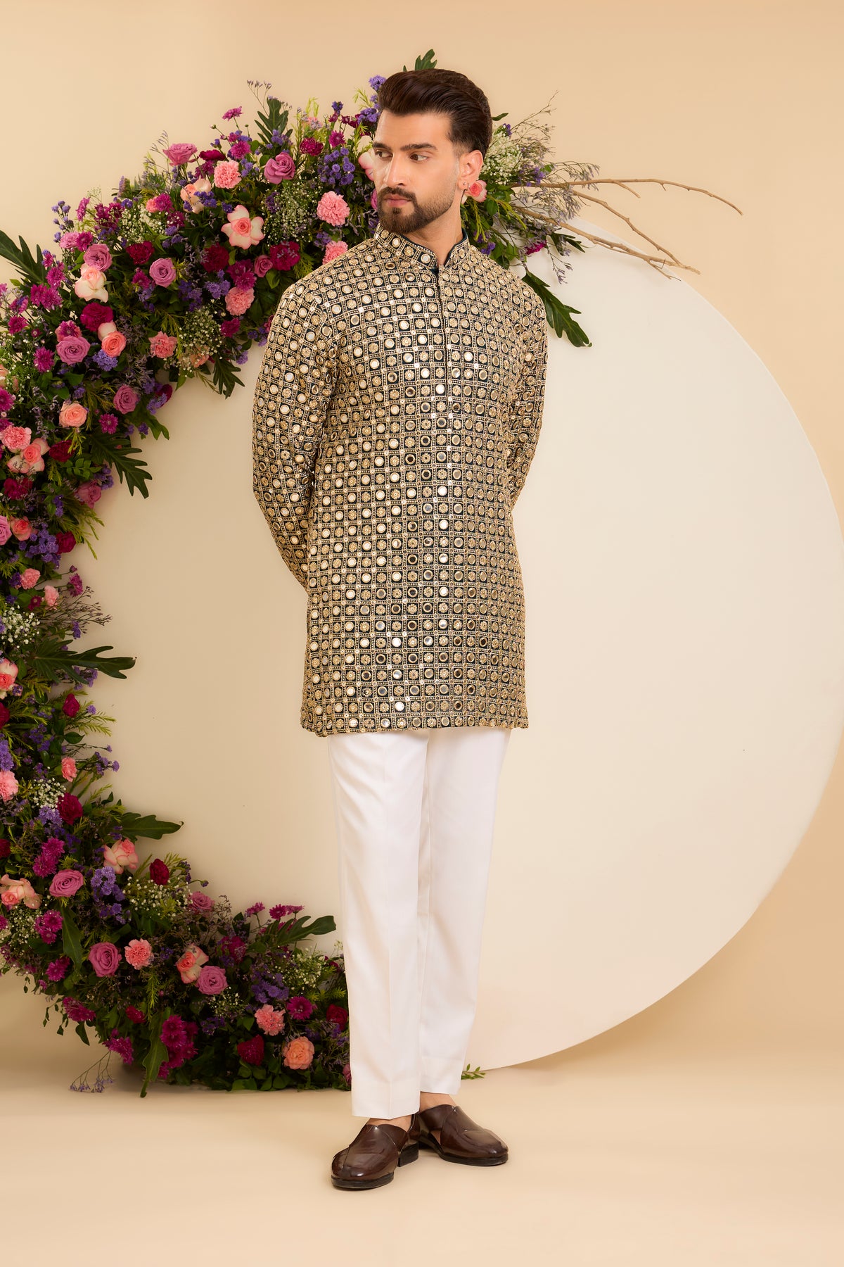 Teal short mirror work kurta drapped in zari