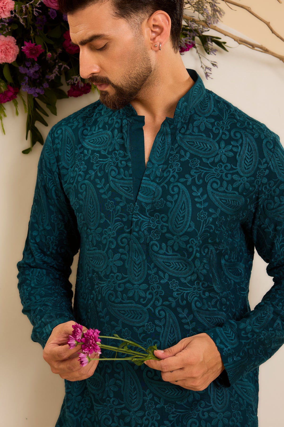 A Teal Short chikankari Kurta with Intricate Paisley Embroidery
