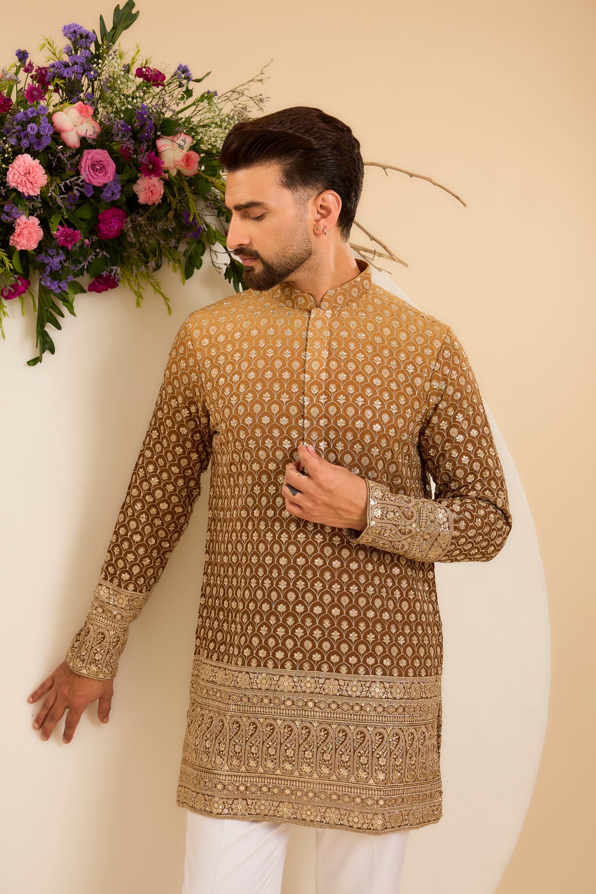 The Étoffe — A Brown Ombre Kurta with Intricate Zari Embroidery