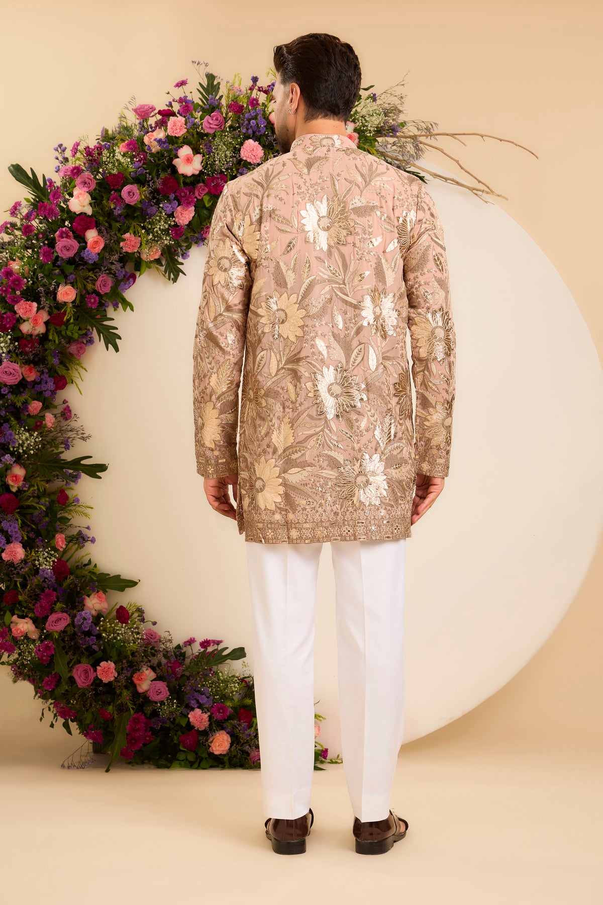 The Fleur — A Pink Peach floral short Kurta Richly Detailed with Leather patchwork