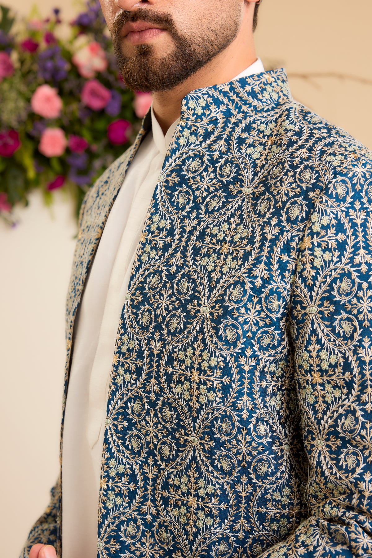 The Savoy — An Open-Front Bandhgala in Blue and Ivory