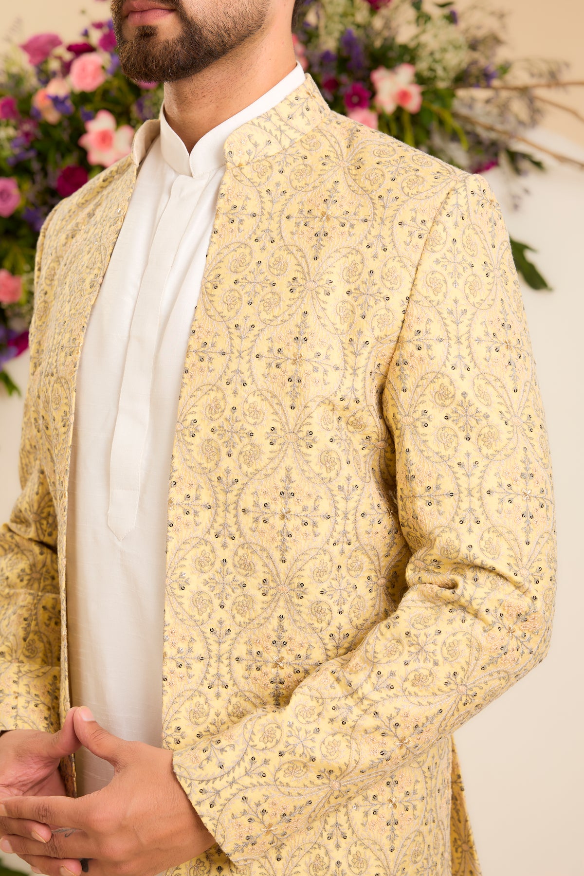 The Savoy — An Open-Front Bandhgala in yellow, grey and Ivory