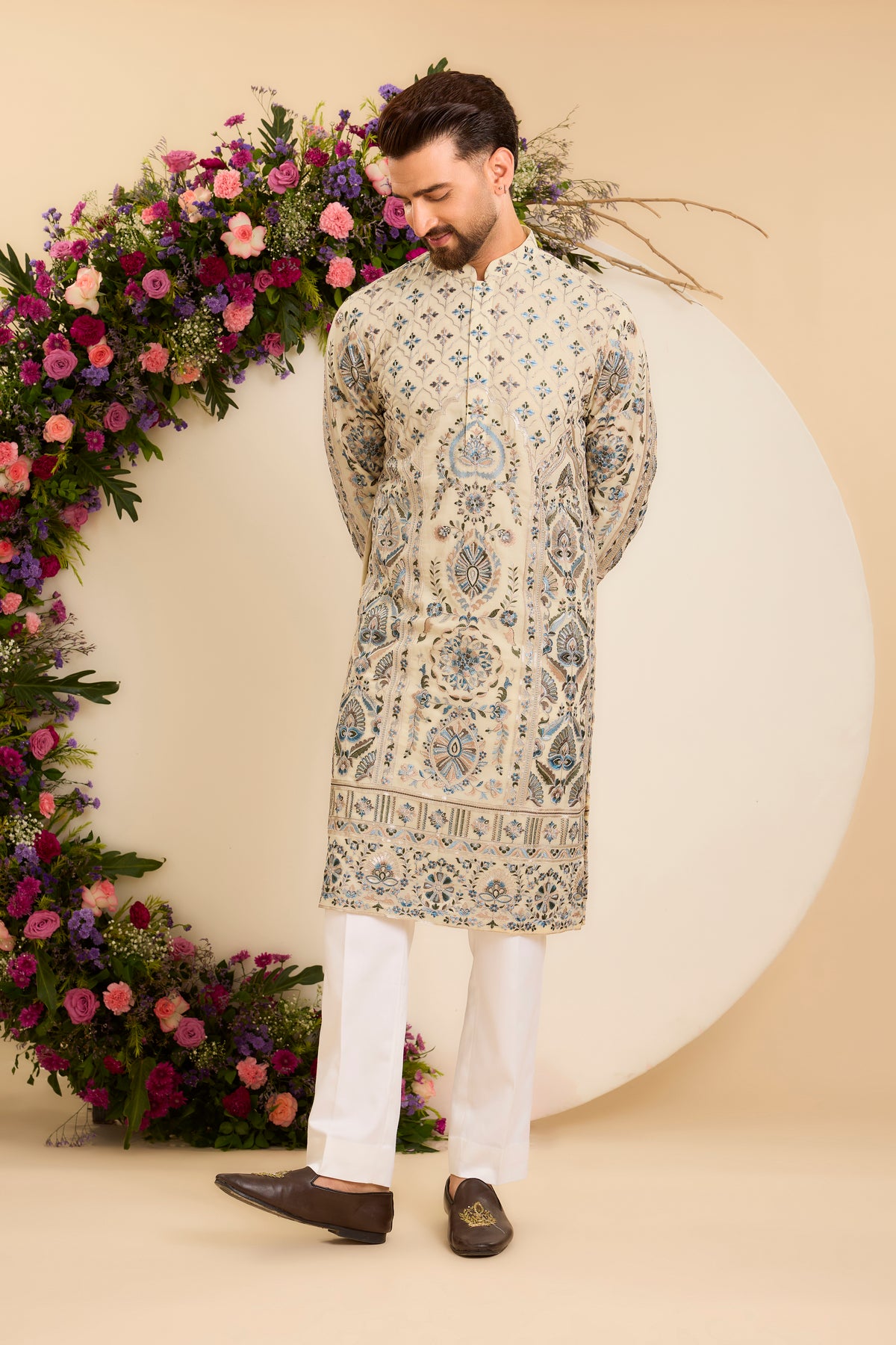 The Somerset — A Multicoloured Embroidered Kurta in Cream Beige