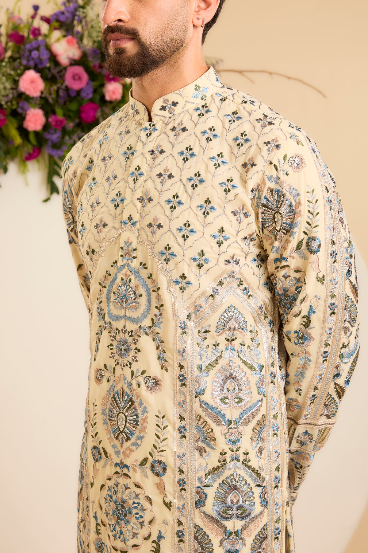 The Somerset — A Multicoloured Embroidered Kurta in Cream Beige