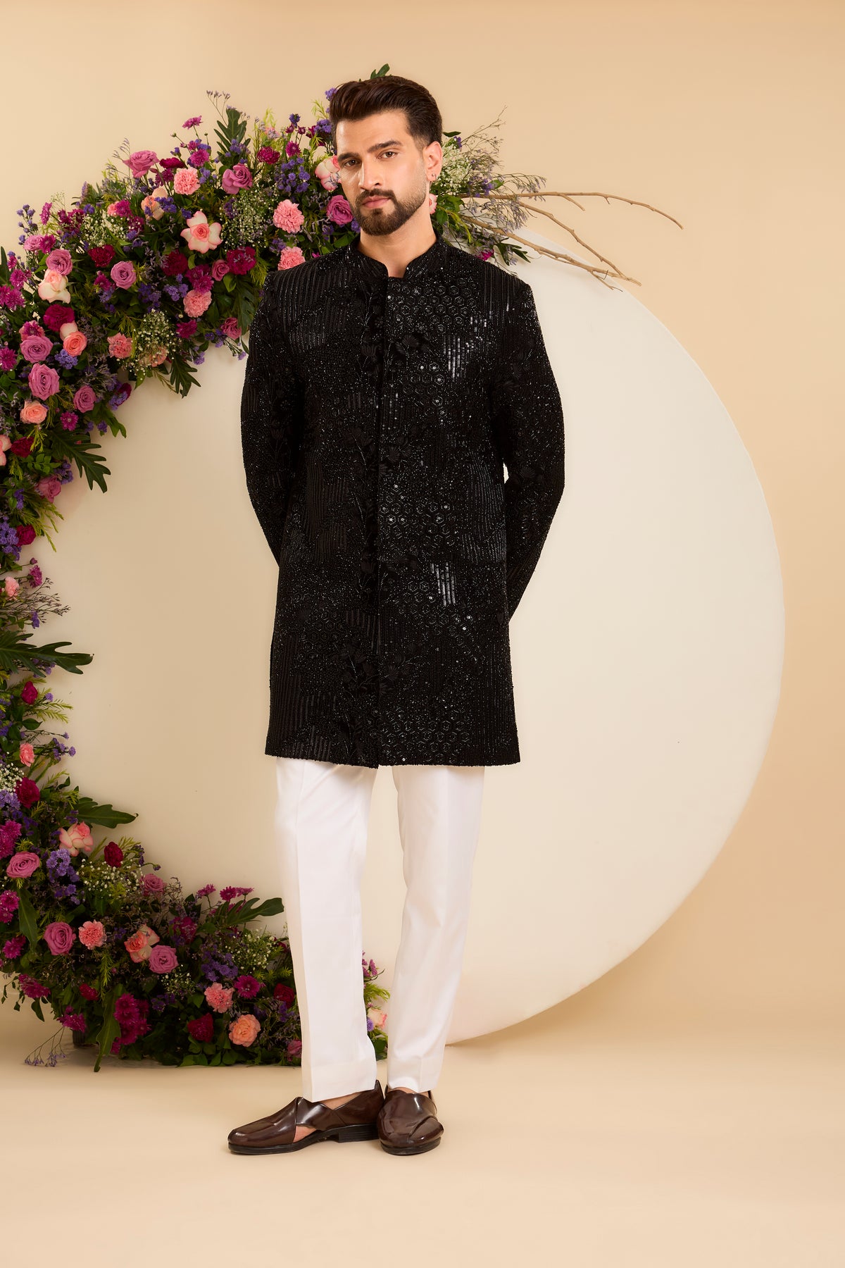 The Noir — A Velvet Short Sherwani with Abstract Floral Handwork