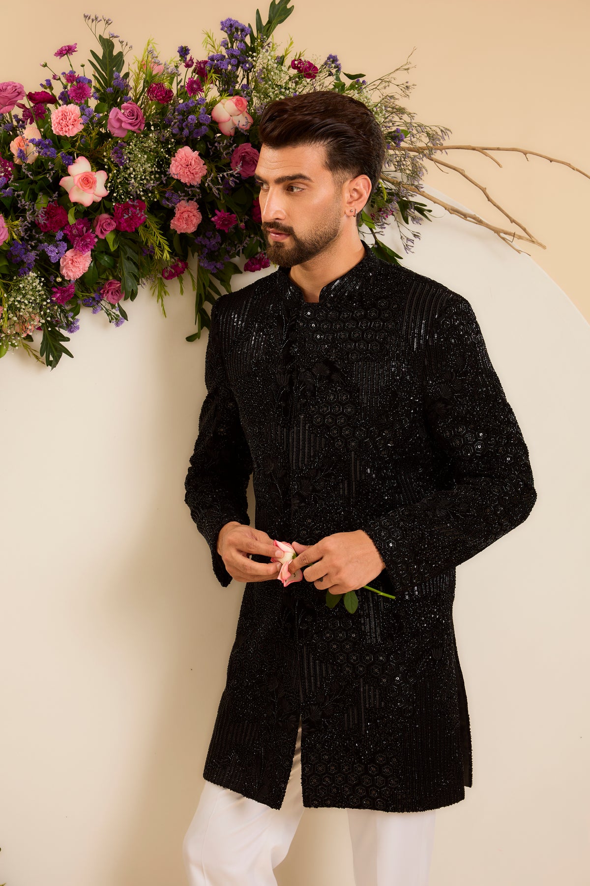 The Noir — A Velvet Short Sherwani with Abstract Floral Handwork