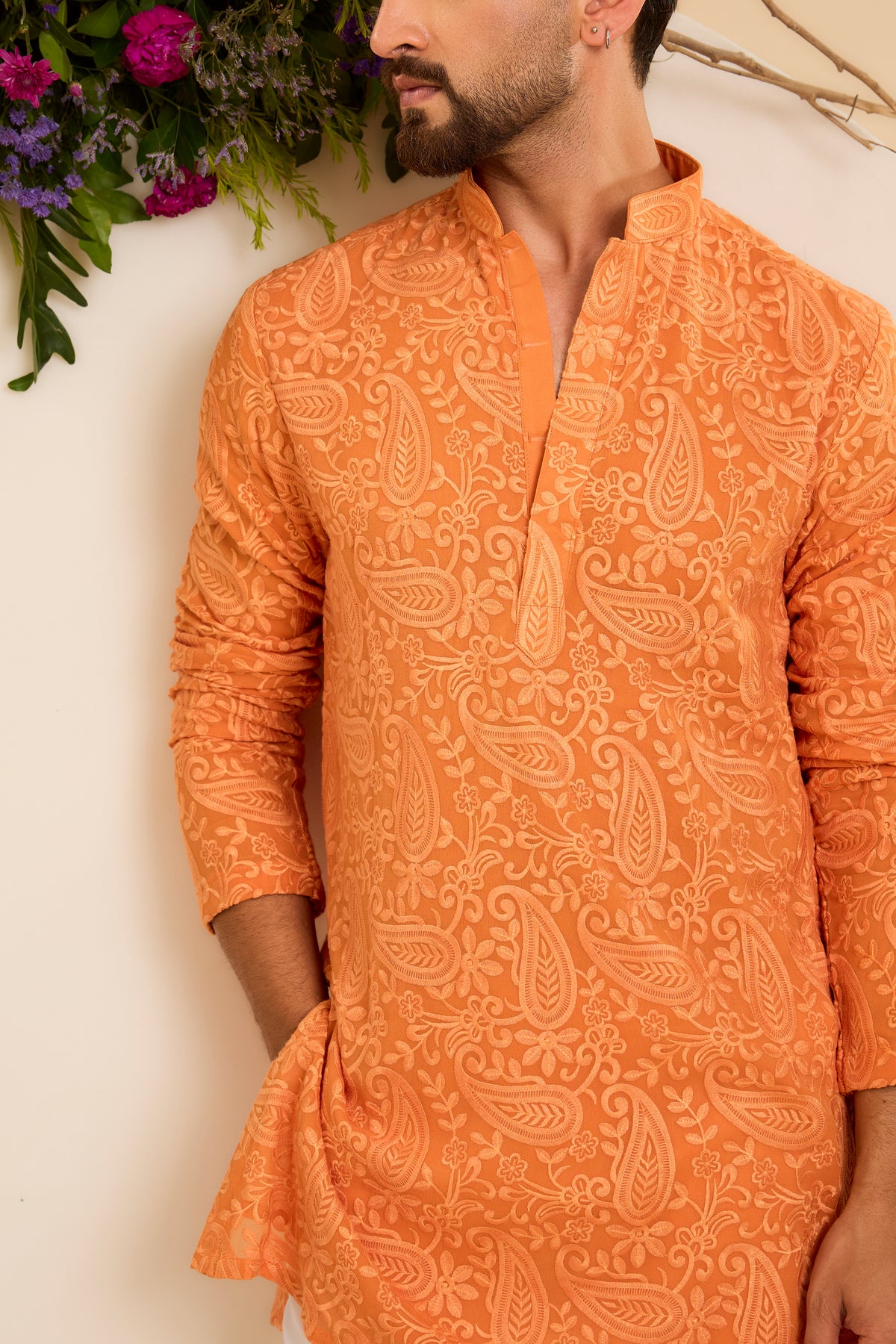 Orange Short chikankari Kurta with Intricate Paisley Embroidery