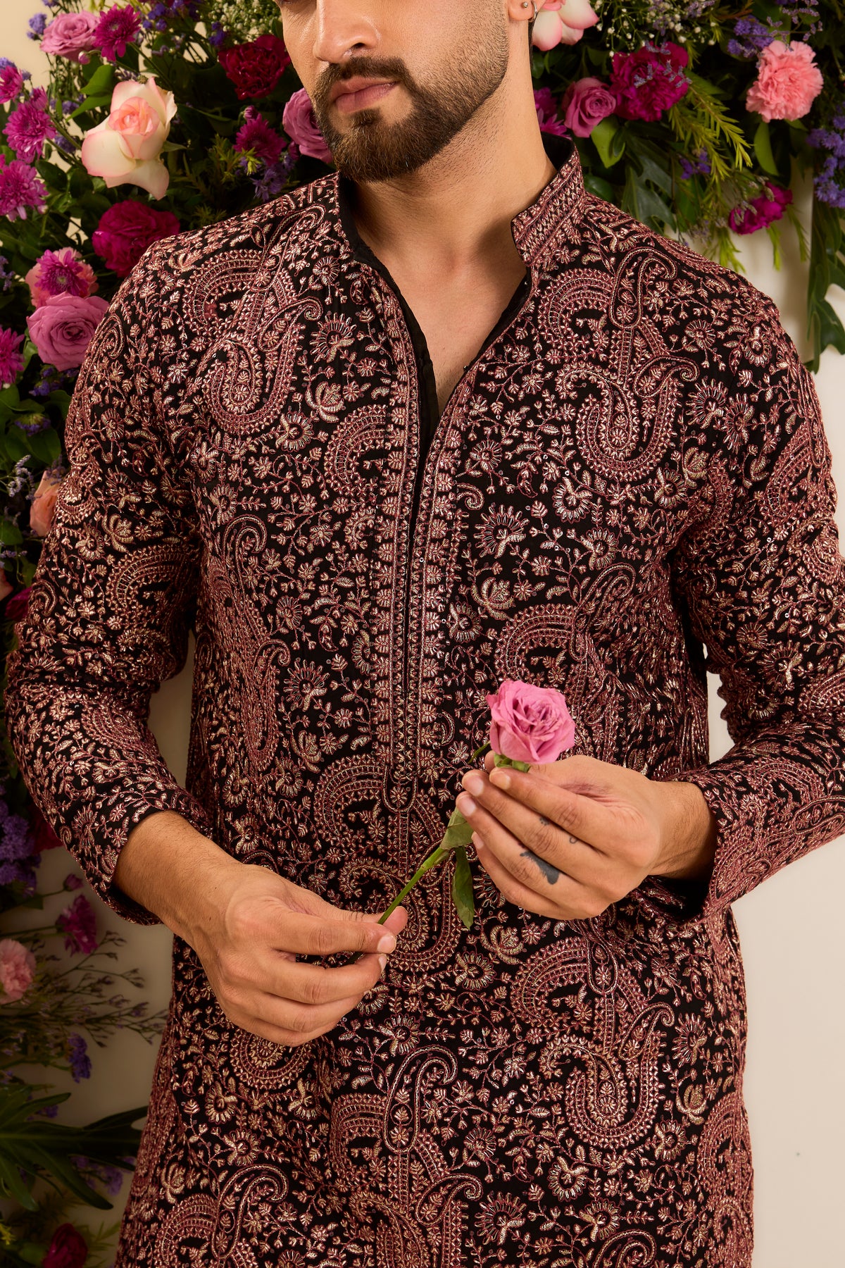 The Noir Rouge — A Black Kurta with Rich Paisley Embroidery