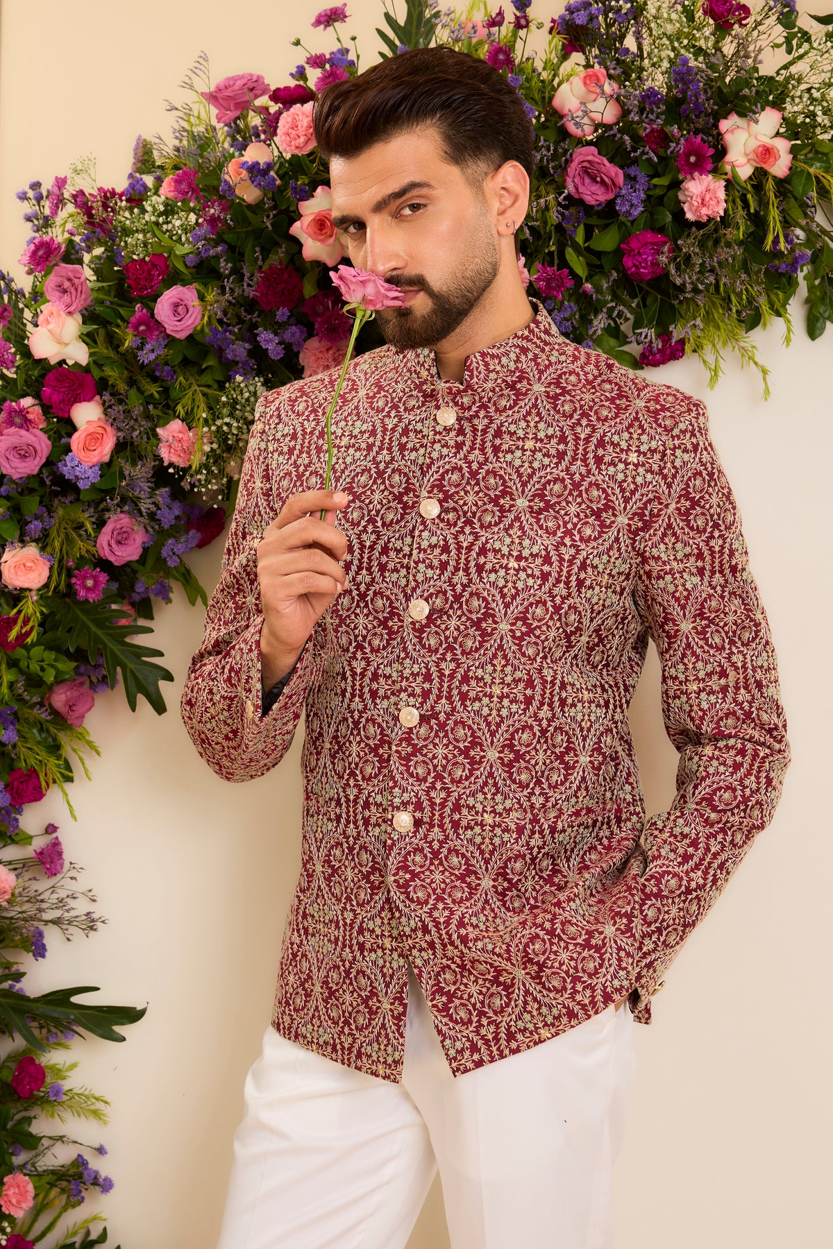 The Savoy — Bandhgala in maroon and ivory