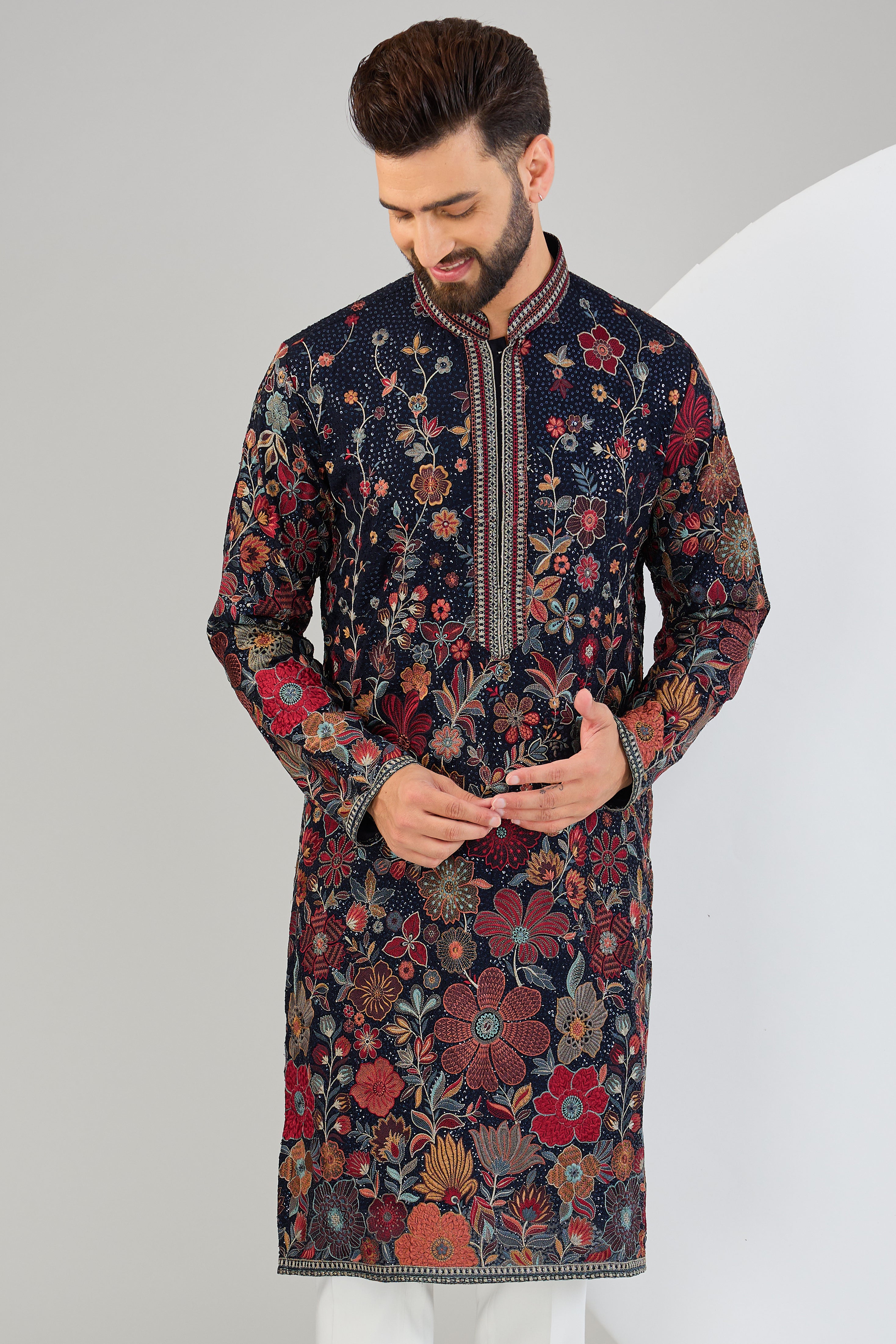 Navy blue chikankari kurta with floral embroidery. - kasbahmen