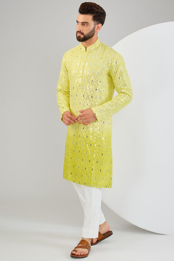 Yellow Mirror Work Band Kurta & Pant Set main image 0