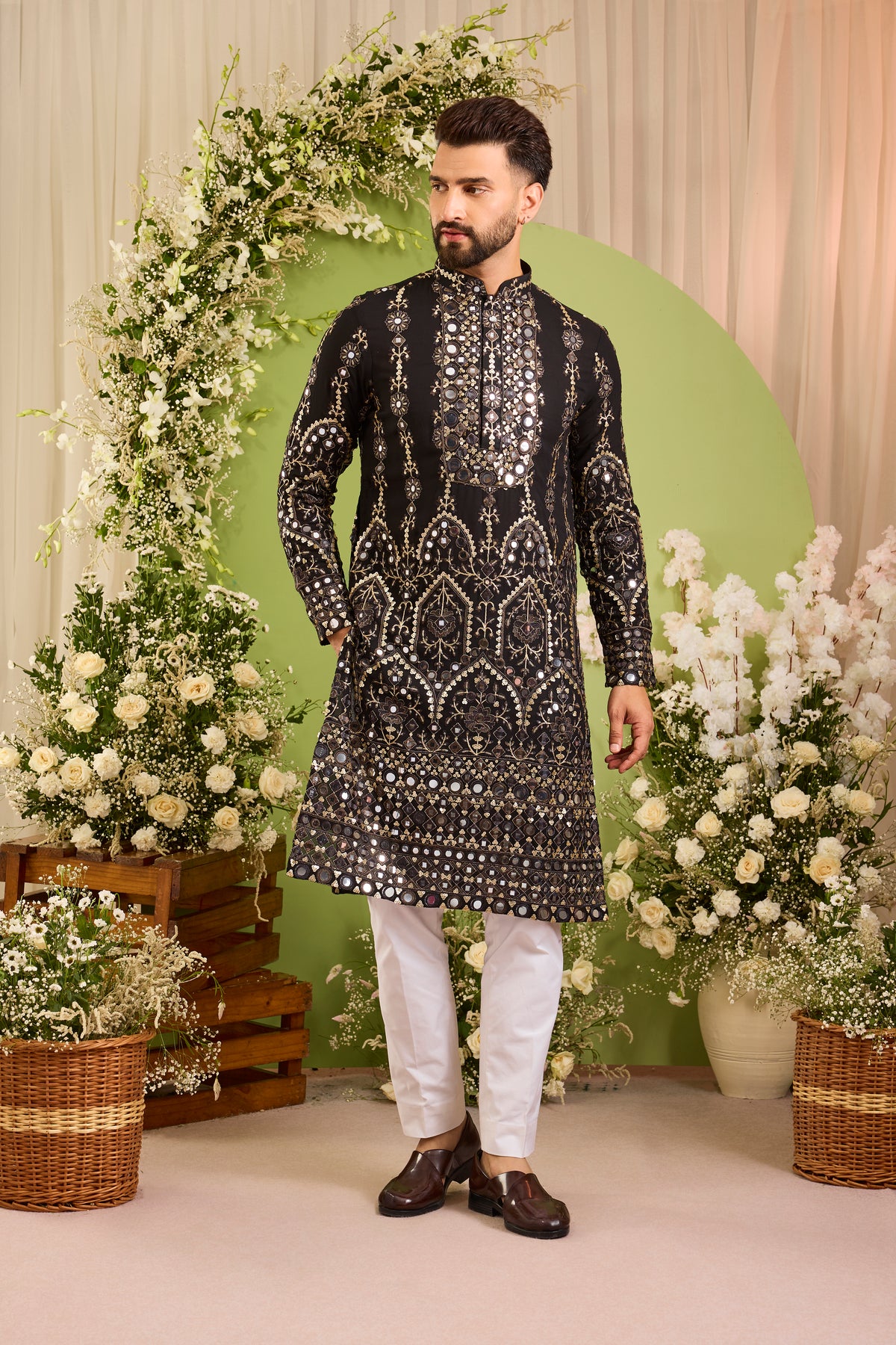The Vale - A Black Kurta Richly Finished in Mirror-Look Work