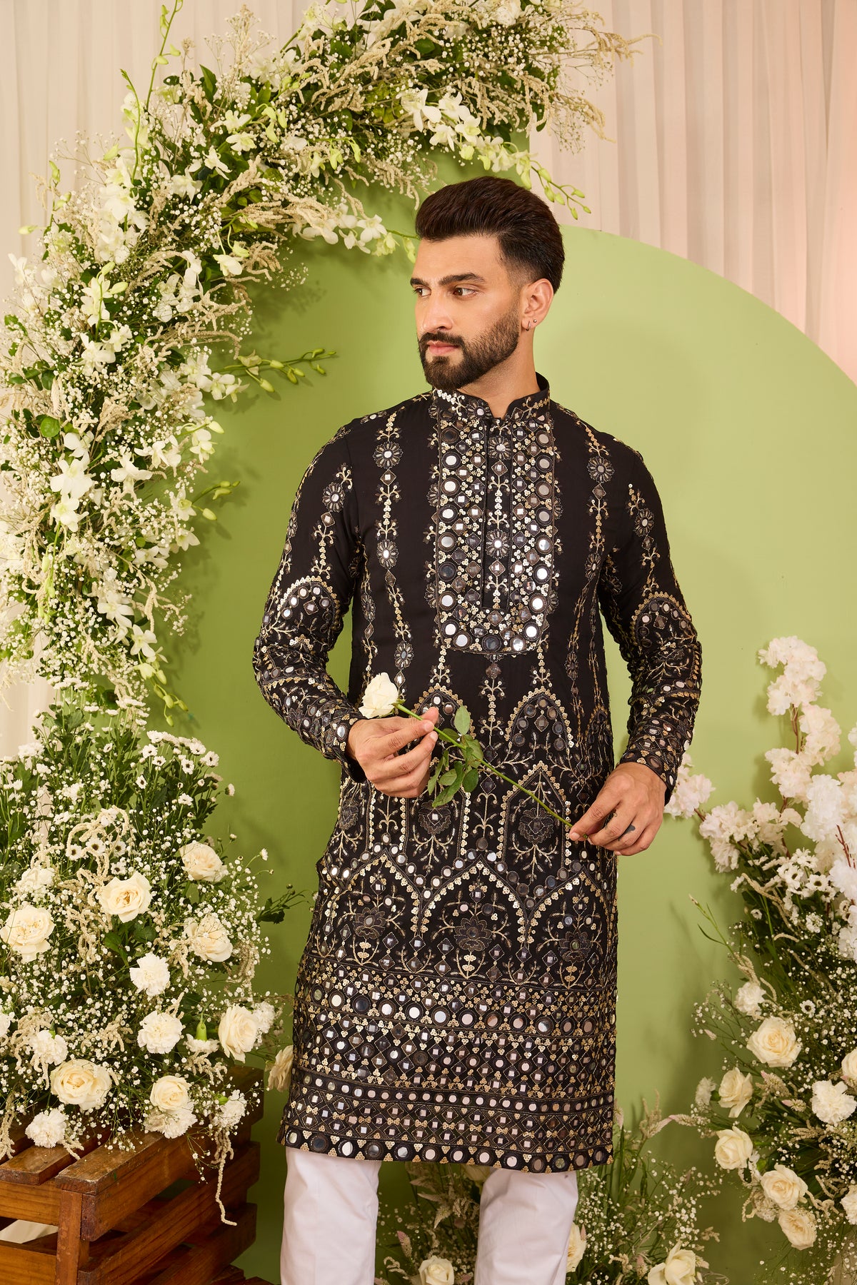 The Vale - A Black Kurta Richly Finished in Mirror-Look Work