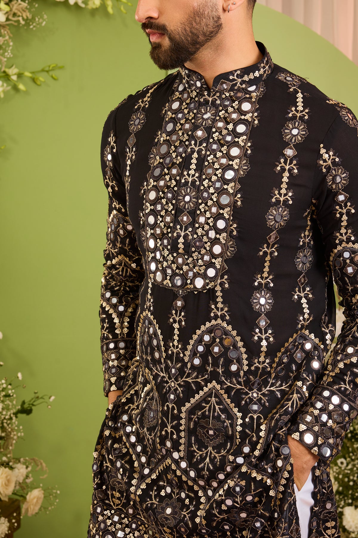 The Vale - A Black Kurta Richly Finished in Mirror-Look Work