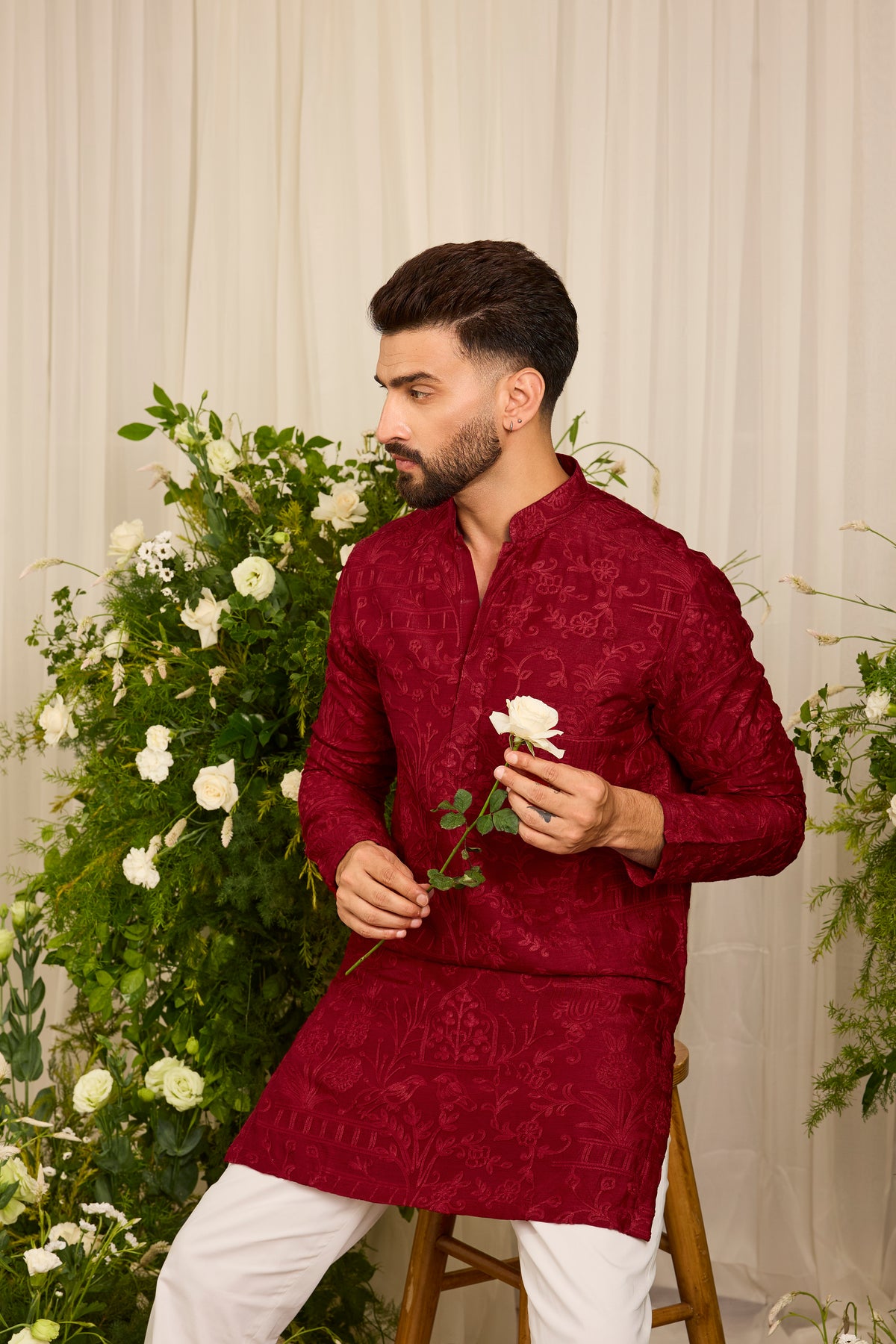 The Bastille — A Maroon short Kurta Draped in Mughal-Inspired Doori Work