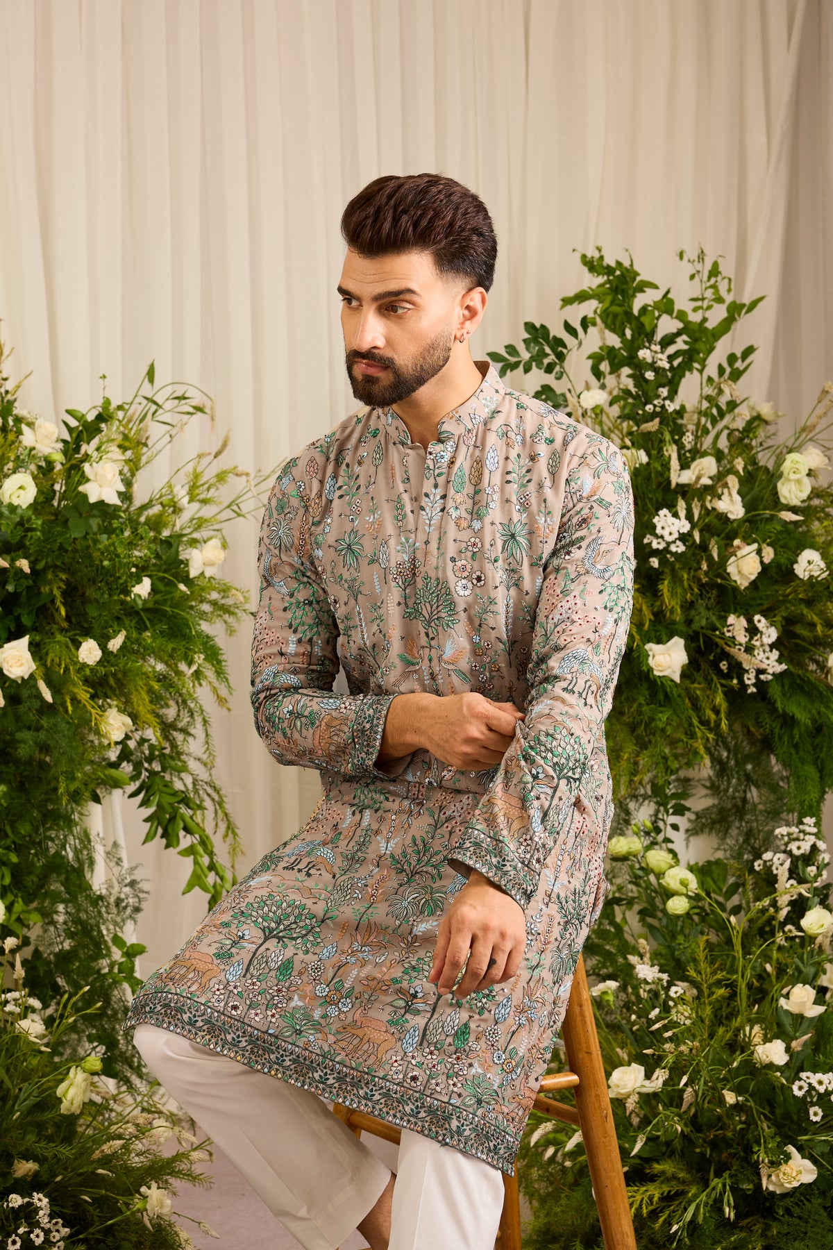 A Mouse Grey Kurta Alive with Tropical Embroidery