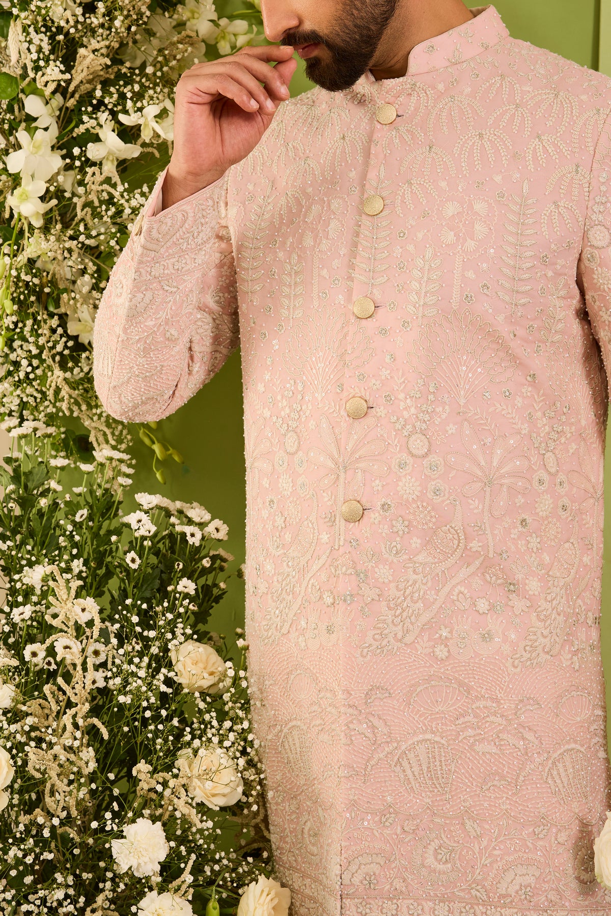 The Palais — A Pink Short Sherwani Richly Worked in Florals