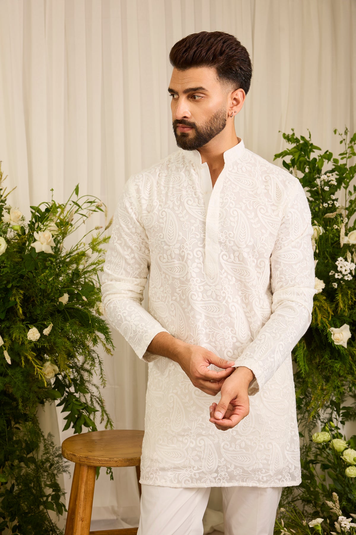 The Montaigne — A White paisley figured short Kurta in Tonal Ivory Embroidery