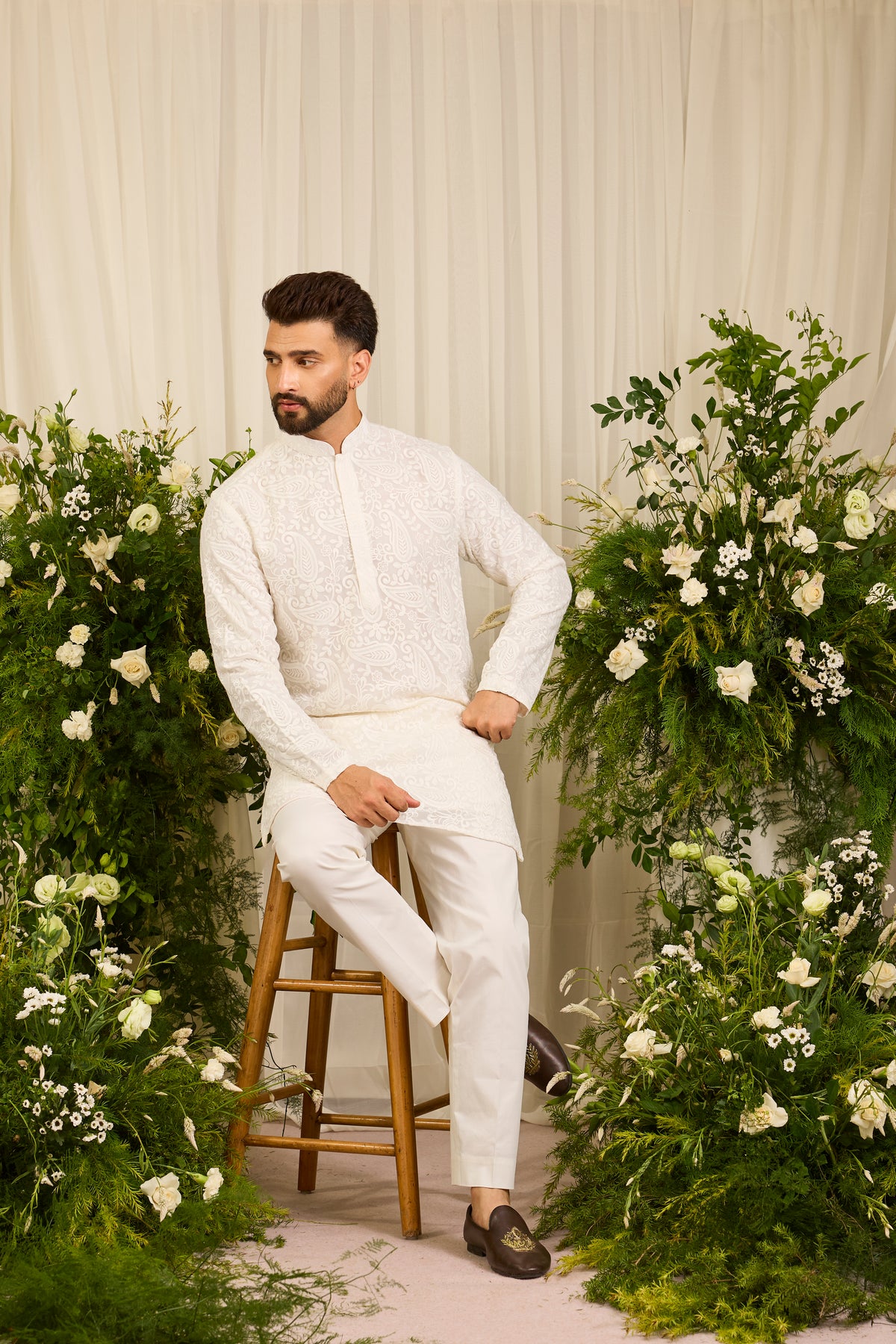 The Montaigne — A White paisley figured short Kurta in Tonal Ivory Embroidery