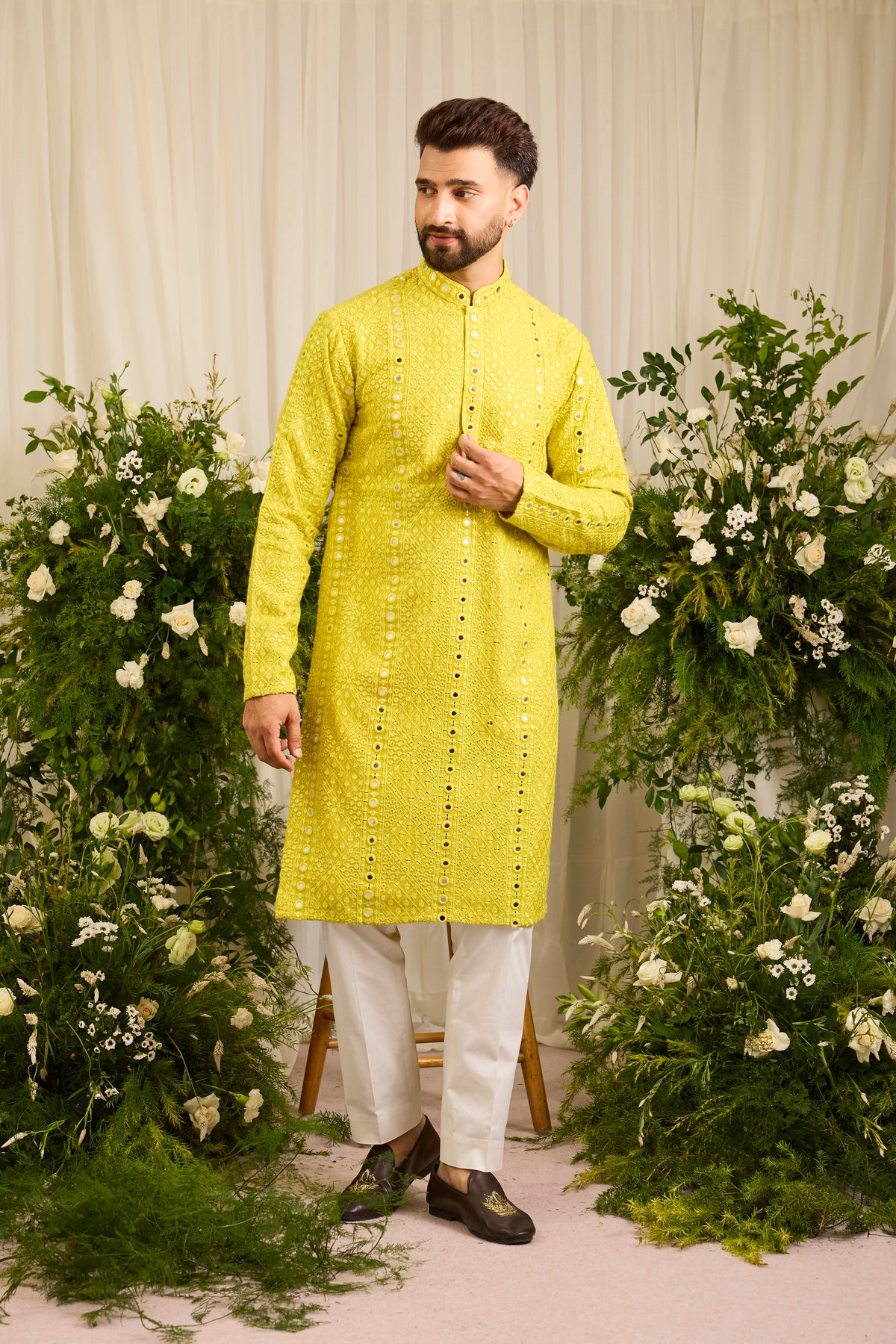 Signature Neon yellow mirror work Kurta with Intricate Yellow Threadwork