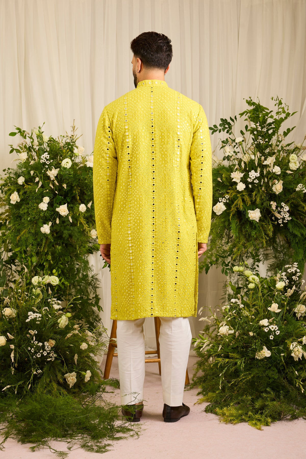 Signature Neon yellow mirror work Kurta with Intricate Yellow Threadwork
