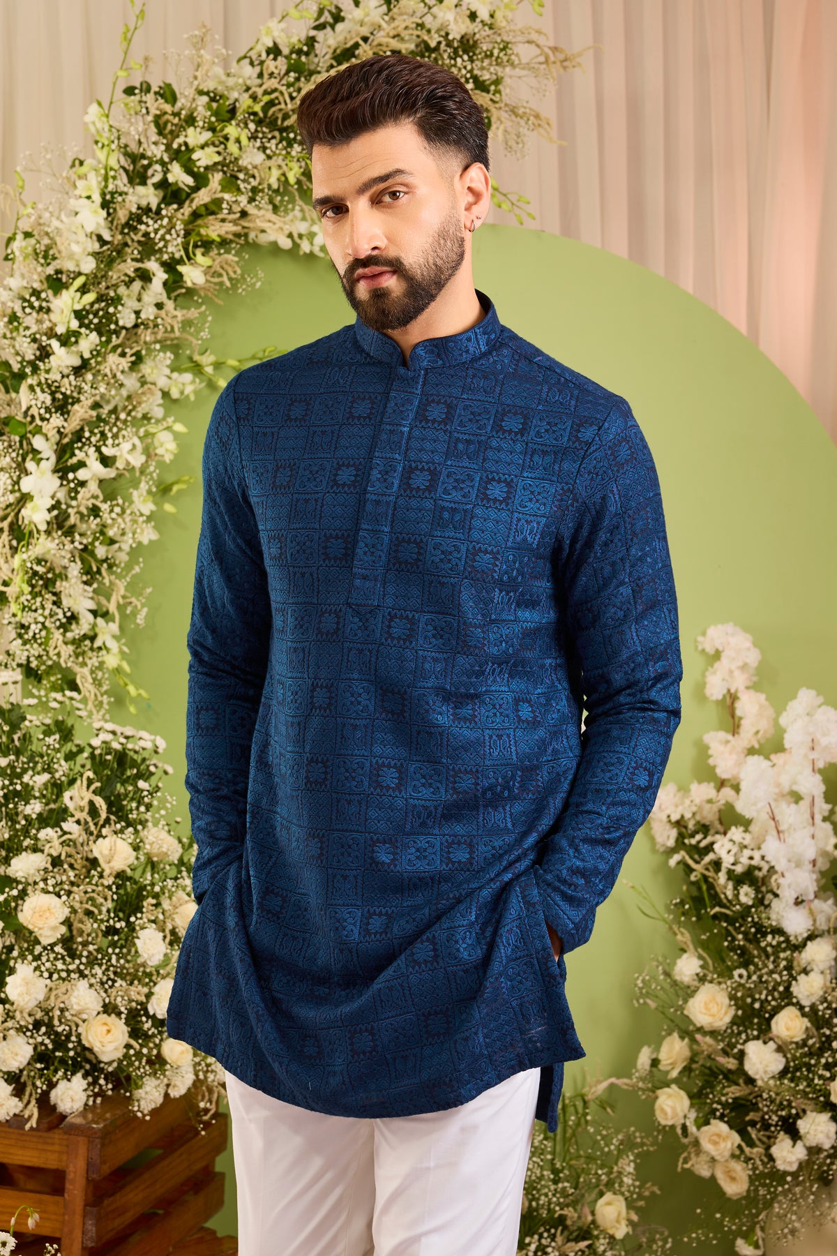 The moncler - A Classic Blue short Kurta Richly Worked in Thread